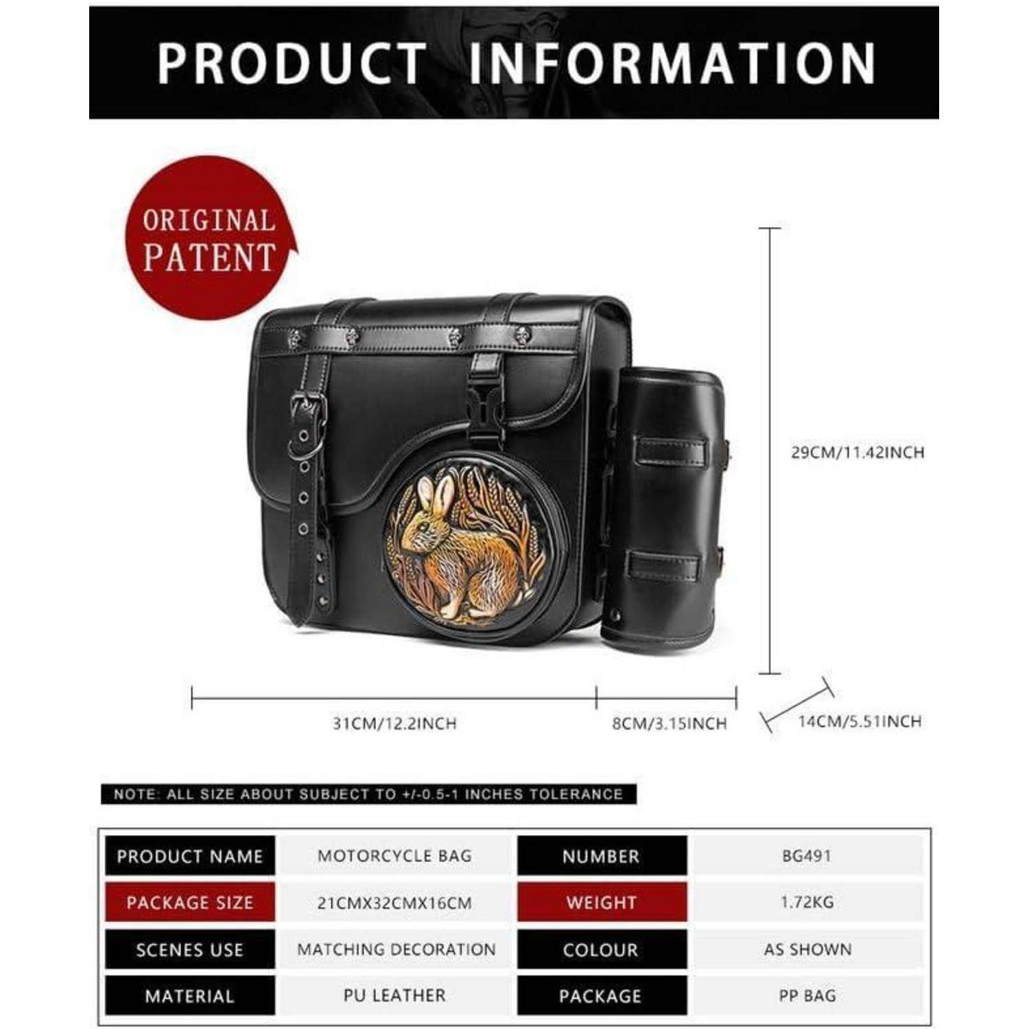 Produktinformationsgrafik für eine Motorradtasche, die eine schwarze PU-Ledertasche mit passender Verzierung zeigt, Abmessungen 31 cm x 29 cm x 14 cm, und Spezifikationen: Modell BG491, 1,72 kg, schwarz.