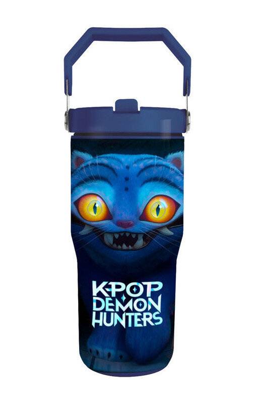 Blauer isolierter Flaschenträger mit Griff, mit Katzendämon-Grafik und dem Text „KPOP DEMON HUNTERS
