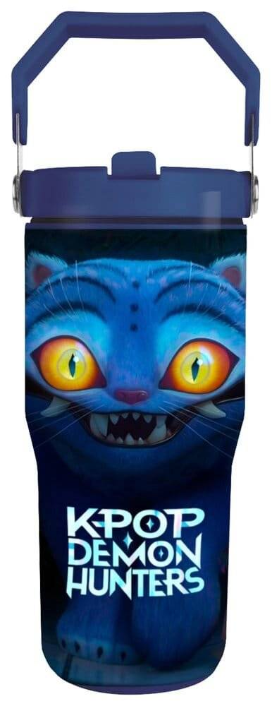 Blauer isolierter Becher mit Griff, bedruckt mit einem leuchtend blauem Katzengesicht und dem Text „KPOP DEMON HUNTERS