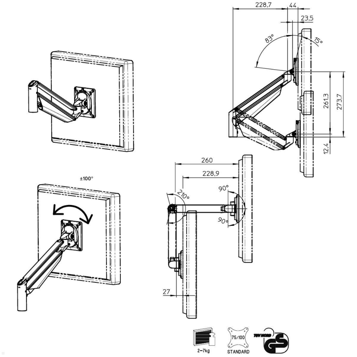 Technische Zeichnung eines verstellbaren Wandmonitorarms mit Montagepositionen und Schwenk-/Neigungsbereich, mit gekennzeichneten Maßen und Winkeln.
