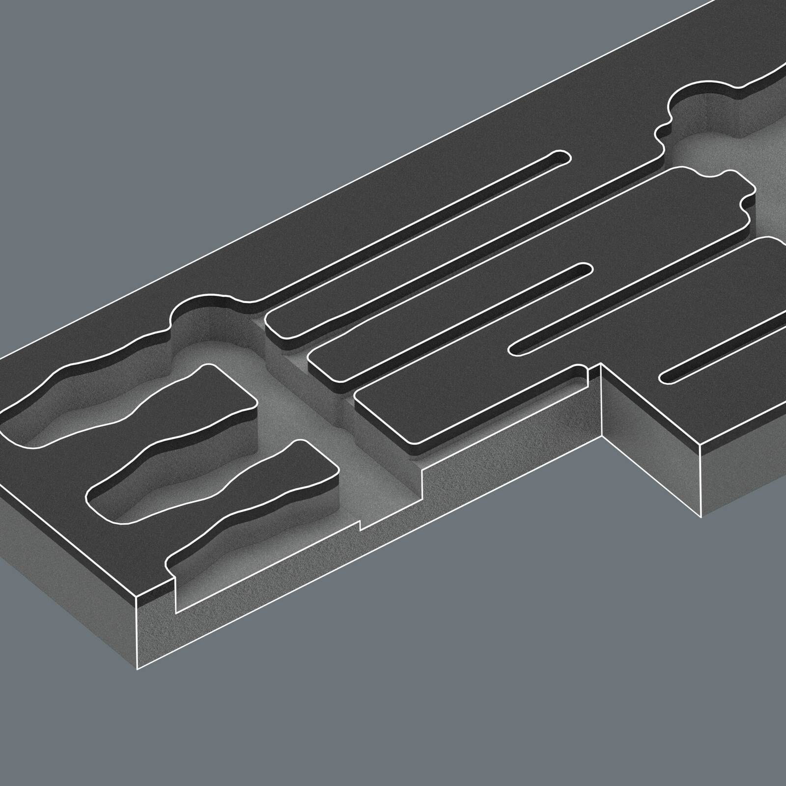 Isometrische 3D-Illustration eines dunklen geschichteten Querschnitts mit eingelassenen Nuten und labyrinthinartigen Kanälen, die ein abstraktes technisches Design oder einen Formschnitt zeigen.