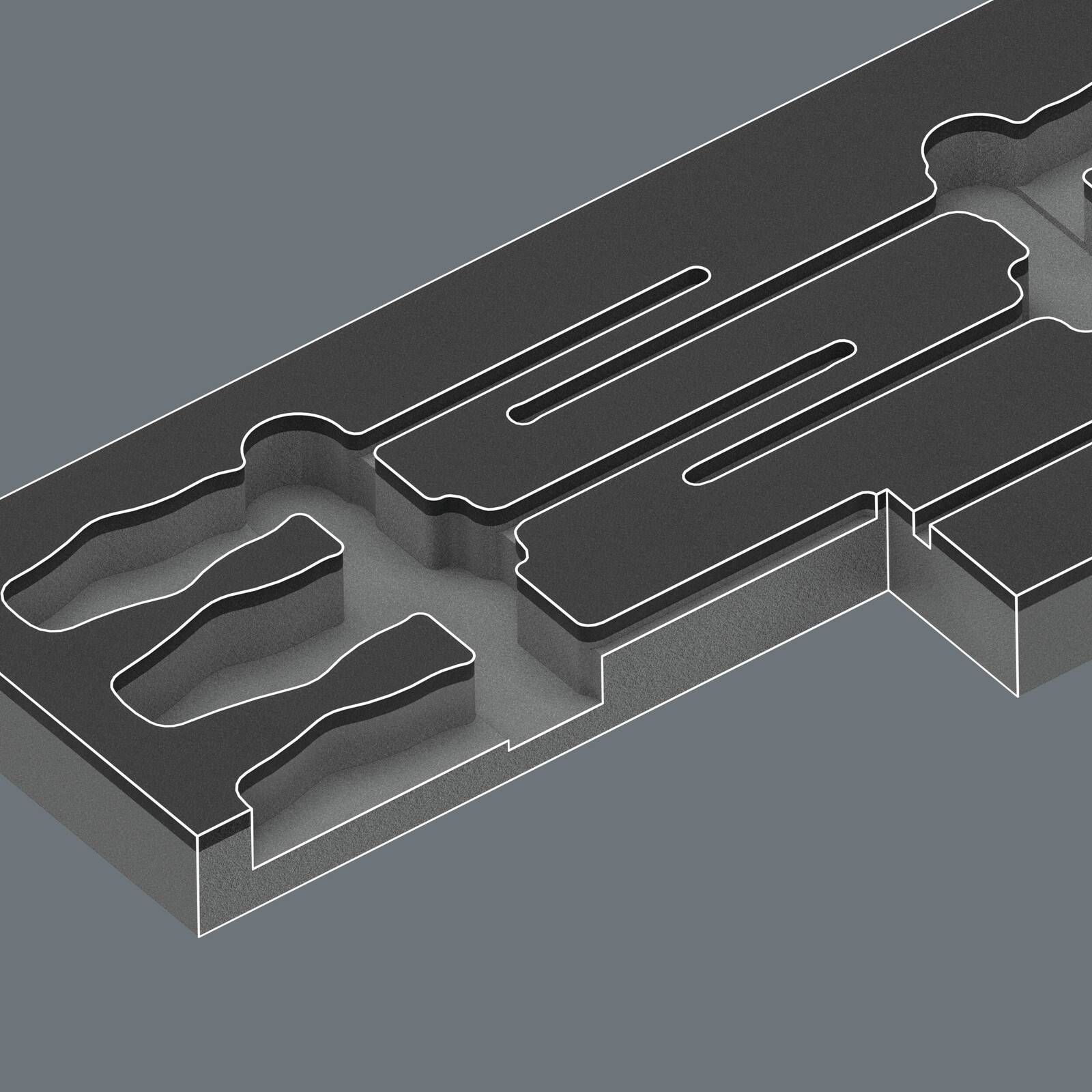 3D-Schnittdiagramm eines bearbeiteten Metallteils mit geschichteten Hohlräumen und Kanälen, das innere Taschenfomen und gestaffelte Abschnitte zeigt.