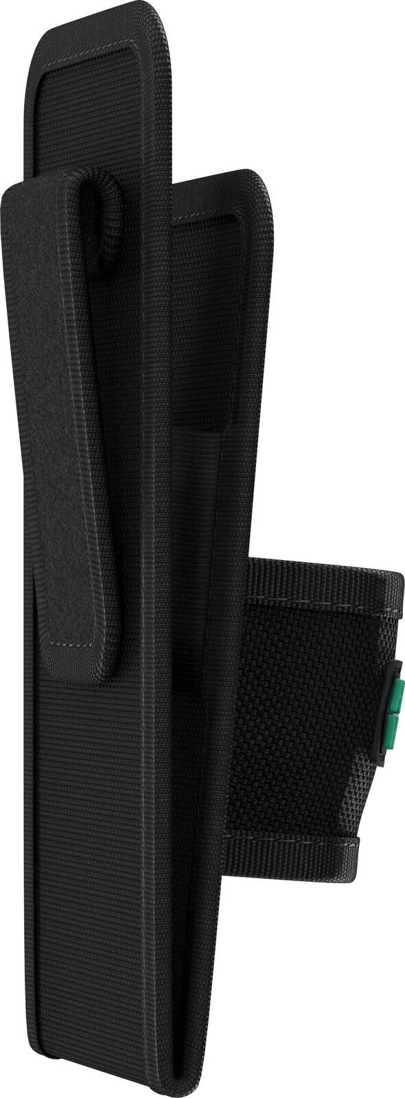 Schwarze gepolsterte taktische Holster oder Tasche mit breitem Gürtelriemen und seitlicher Sicherungsklappe, gezeigt auf neutralem Hintergrund.