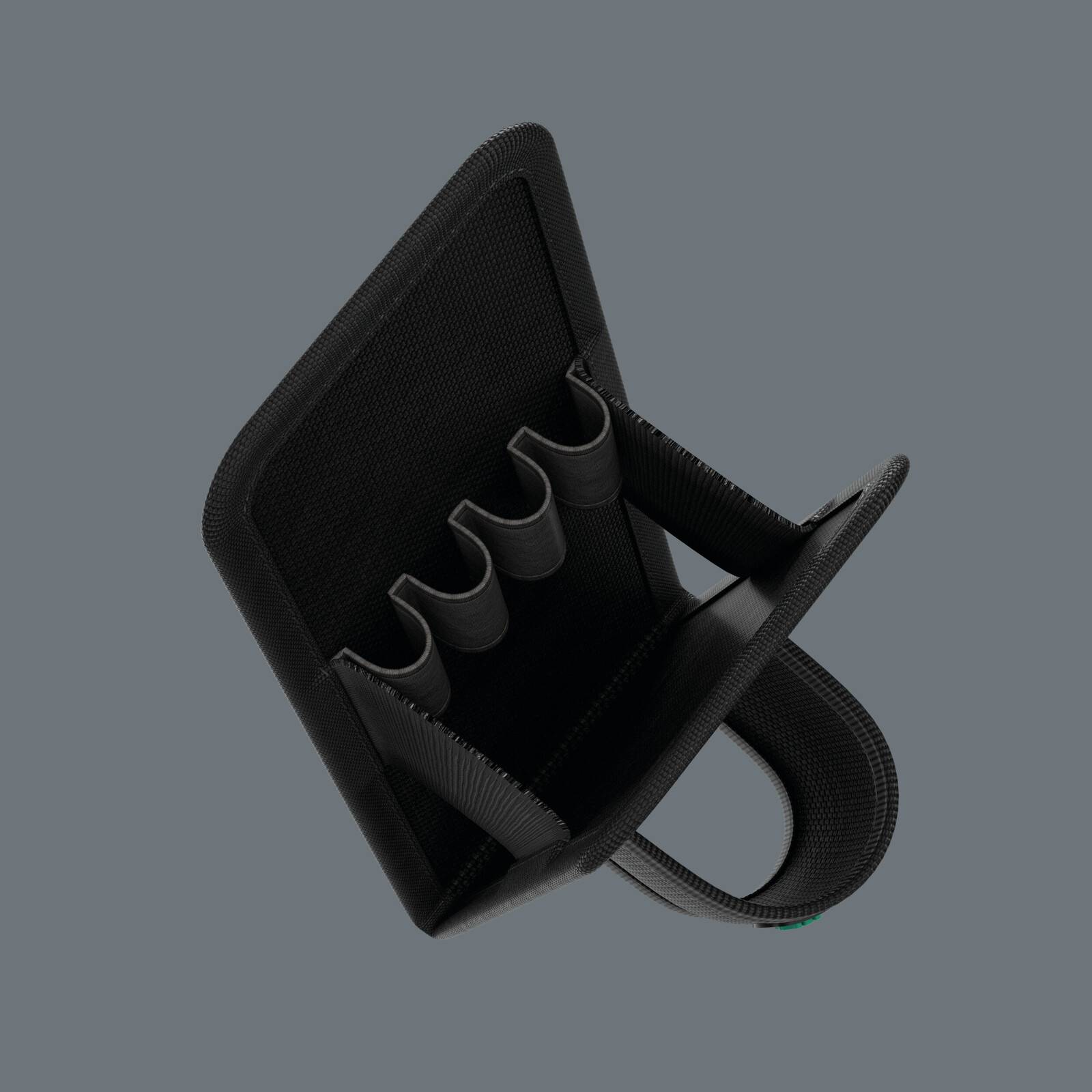 Schwarze Stofforganizer-Tasche mit vier Werkzeugschlaufen und einem Griff, offen vor einem grauen Hintergrund abgebildet.