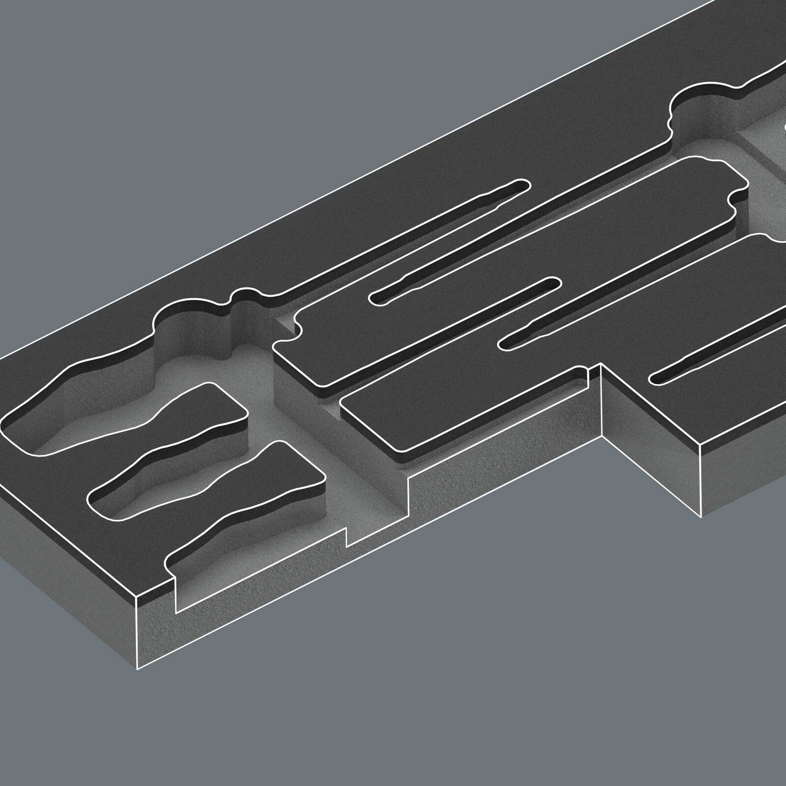 3D grauer Block mit ausgeschnittenen labyrinthartig angeordneten Kanälen und skizzierten buchstabenförmigen Vertiefungen, in perspektivischer Ansicht dargestellt.