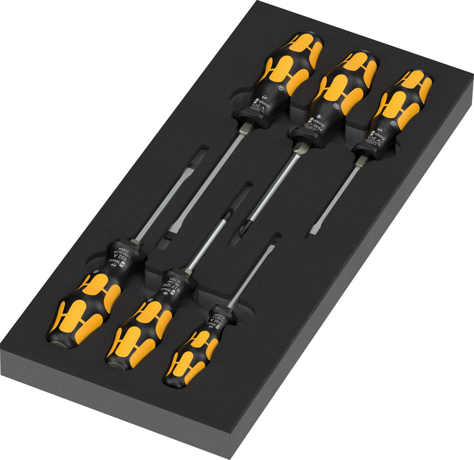 Schaumstoff-Werkzeugtablett mit sechs schwarz-gelben Schraubendrehern, einschließlich Flachkopf- und Kreuzschlitz-Größen, angeordnet in einem geformten Gehäuse.