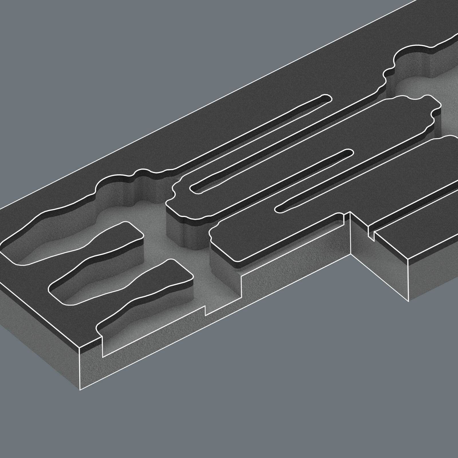 3D-Schnittansicht einer geschichteten Metallplatte mit langen Schlitzausschnitten und einer vertieften Aussparung, die die innere Struktur und Tiefe zeigt.