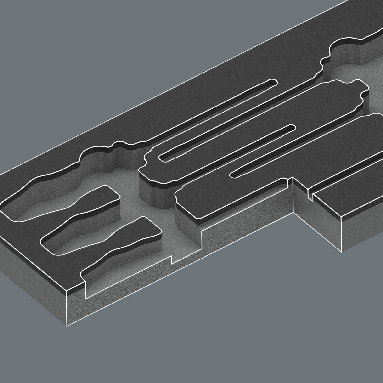 3D-Schnittzeichnung eines Blocks mit geschichteter schwarzer Oberflächenschicht und weiß umrandeten Kanälen, die geschnitzte interne Formen und Kammern zeigen.