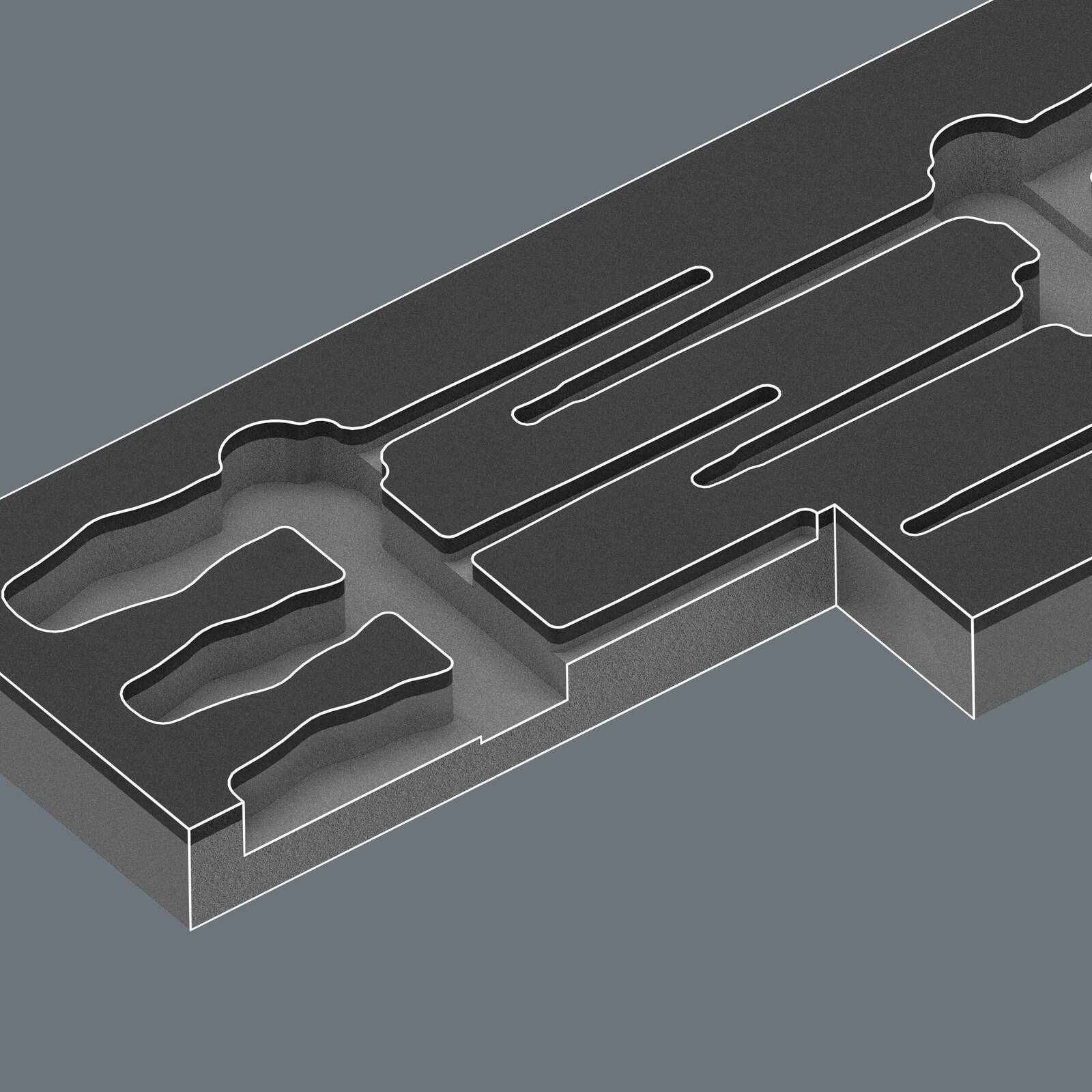 3D extrudierte schwarze Beschriftung oder Logo auf einem grauen rechteckigen Block, dargestellt in Perspektive mit skizzierten Ausschnittformen und Rillen.