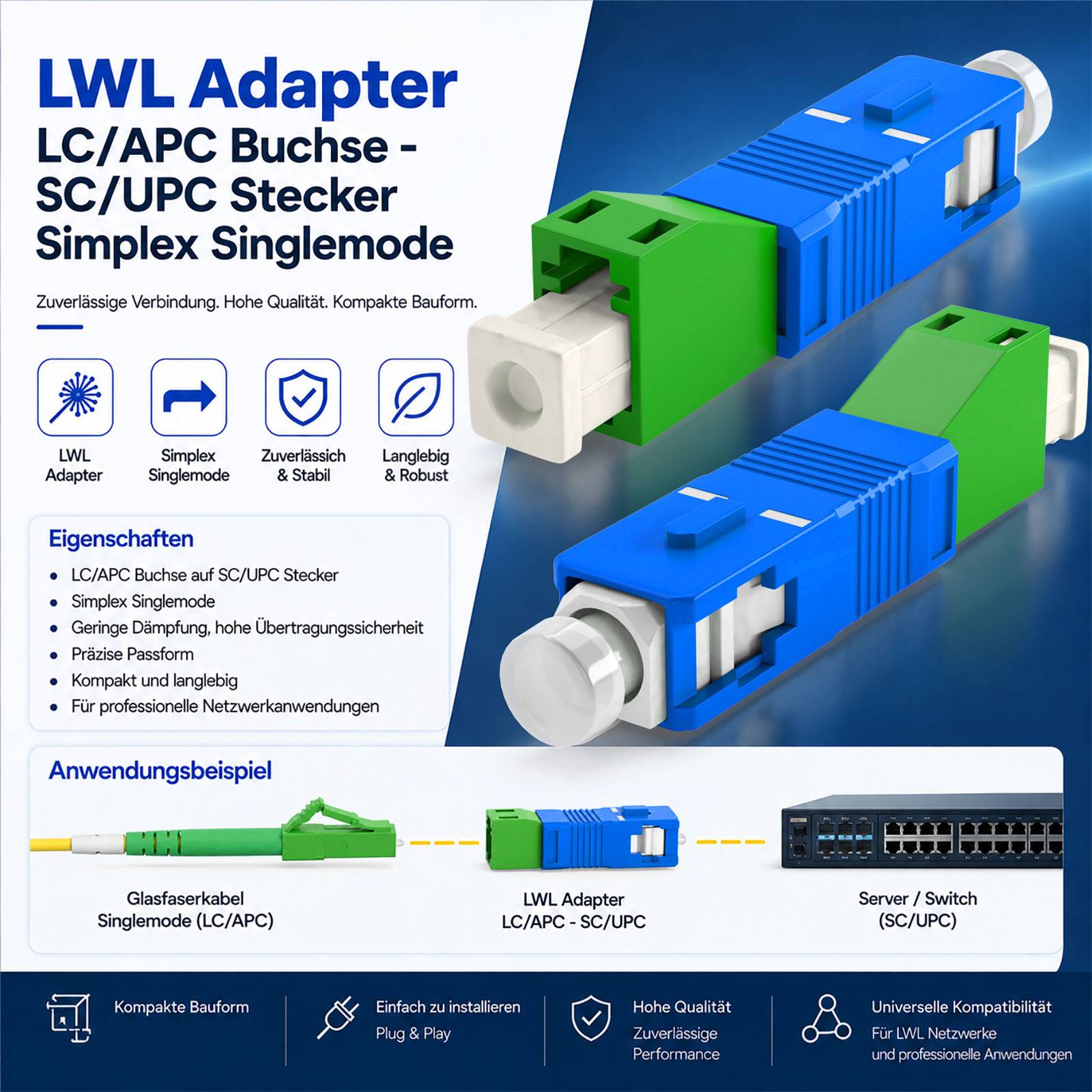 hb-digital LWL Adapter LC/APC Buchse auf SC/UPC Stecker Simplex