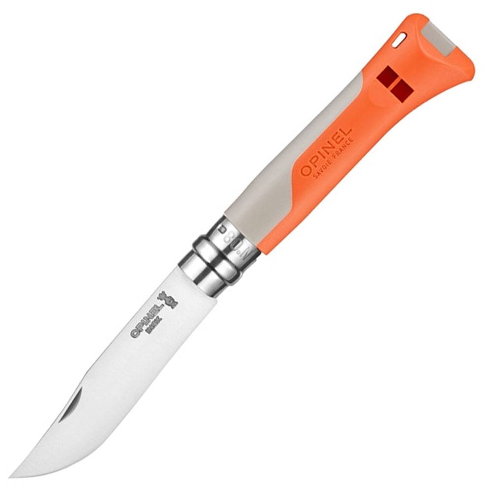 Orange-Taschenmesser mit Silberklinge, aufgeklappt auf weißem Hintergrund.