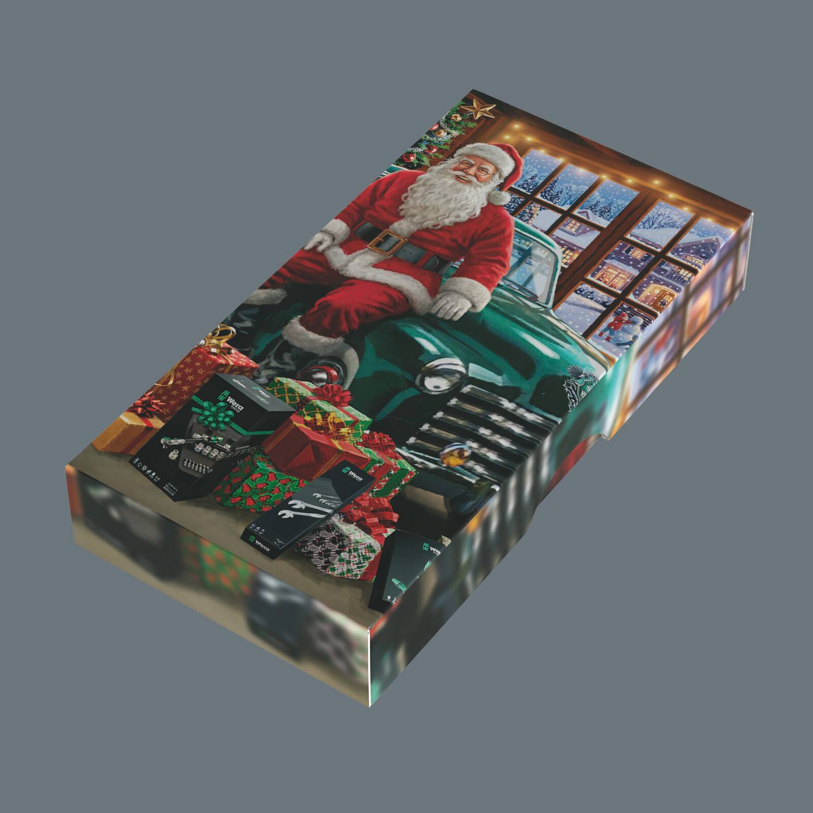 3D Geschenkbox mit Weihnachtsmotiv, auf dem der Weihnachtsmann auf einem grünen Auto sitzt, umgeben von Geschenken und einer Winterfensterszene.