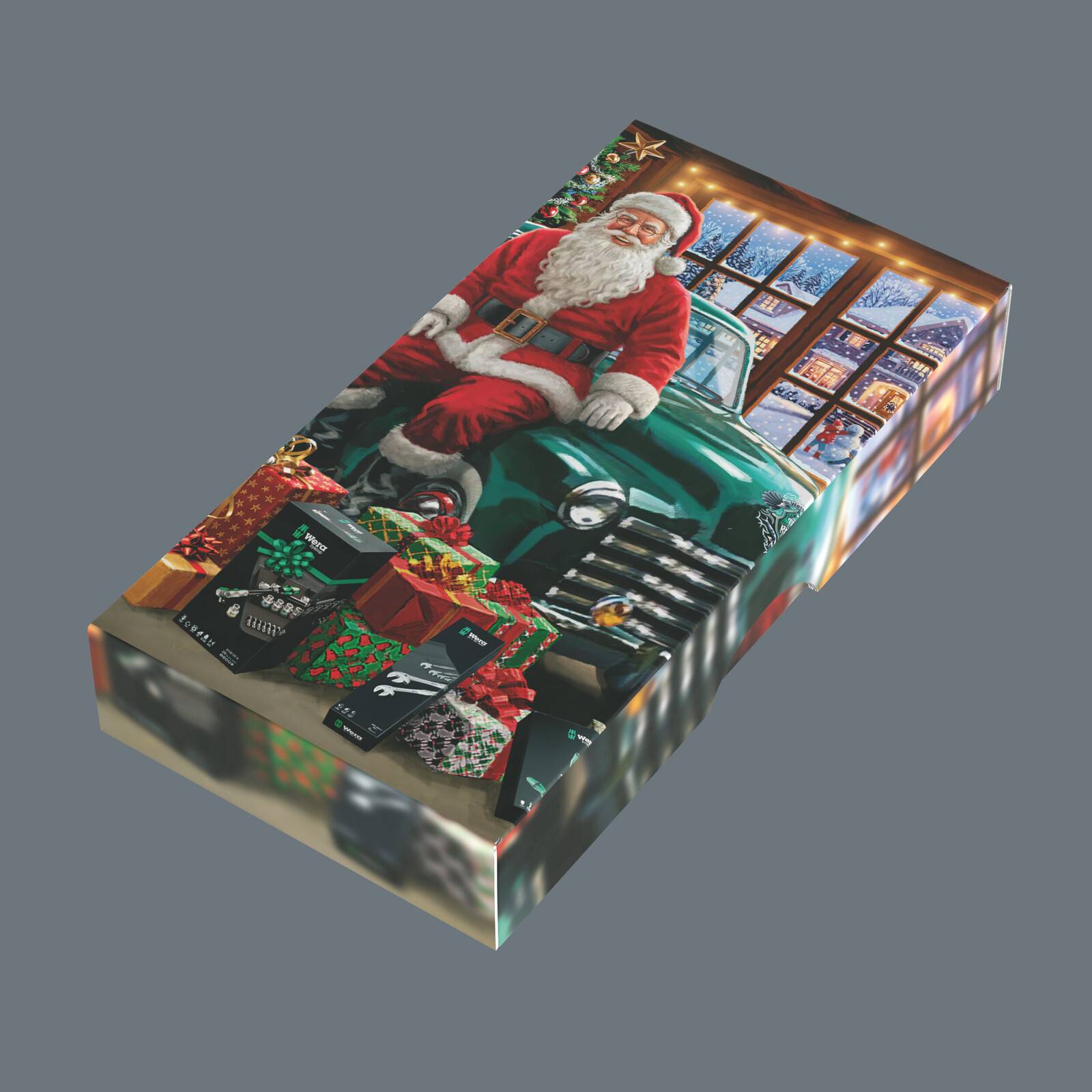 Geschenkbox mit dem Weihnachtsmann auf einem grünen Vintage-Lastwagen, dekoriert mit eingepackten Geschenken und einer verschneiten Weihnachtsfensterszene.