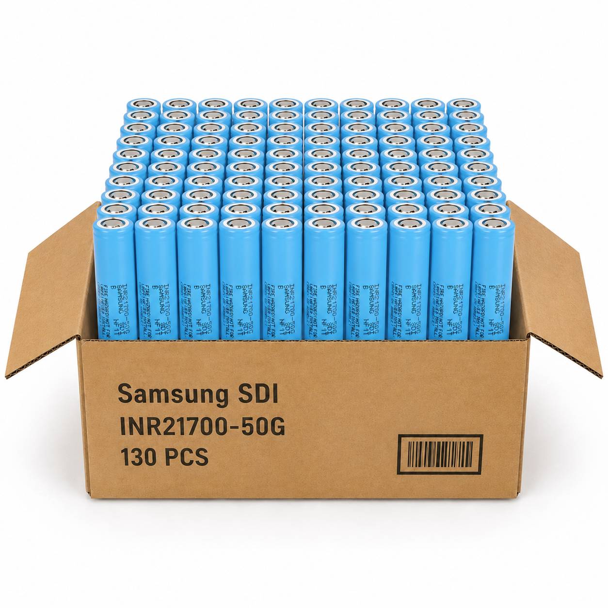 Offene Pappschachtel gefüllt mit blauen Samsung SDI INR21700-50G Batterien, gekennzeichnet mit '130 STÜCK'.