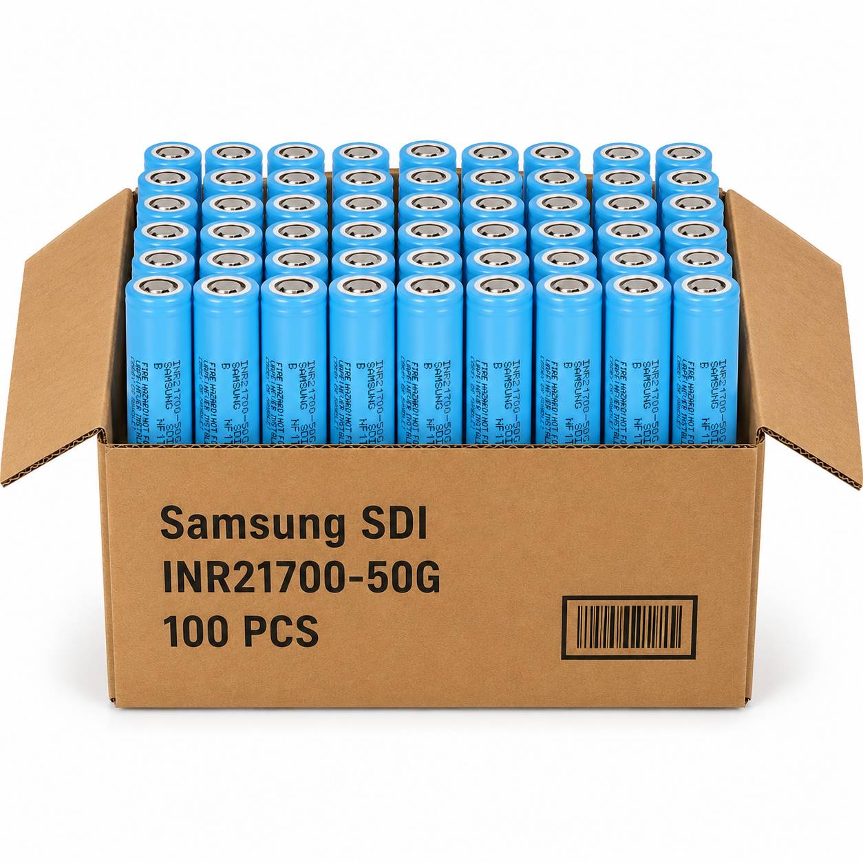 Offene Pappschachtel mit blauen Samsung SDI INR21700-50G-Batterien mit der Beschriftung „100 STÜCK