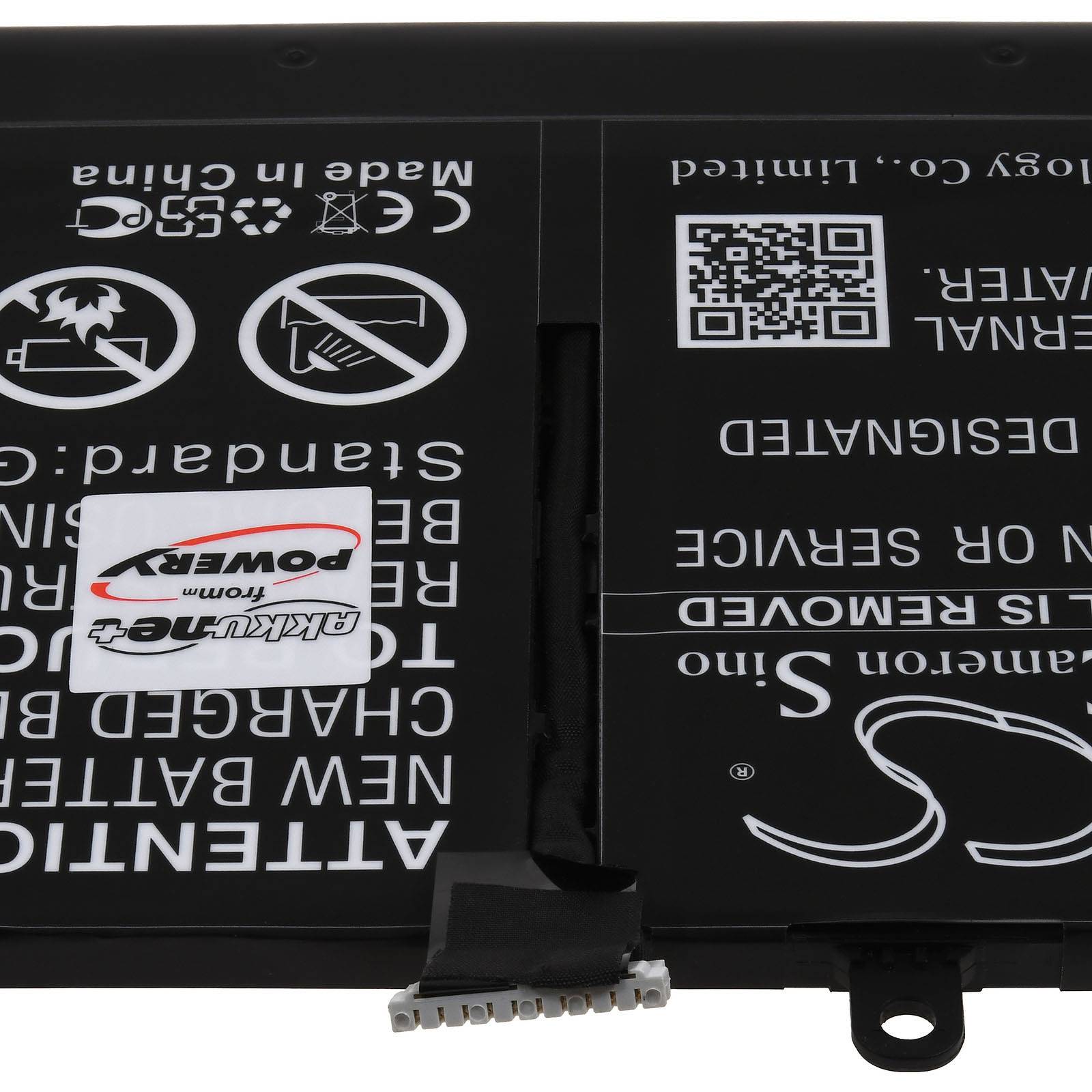 Zwei schwarze Batteriesätze mit Warnaufklebern und QR-Codes, die durch eine zentrale Stecker-baugruppe verbunden sind.