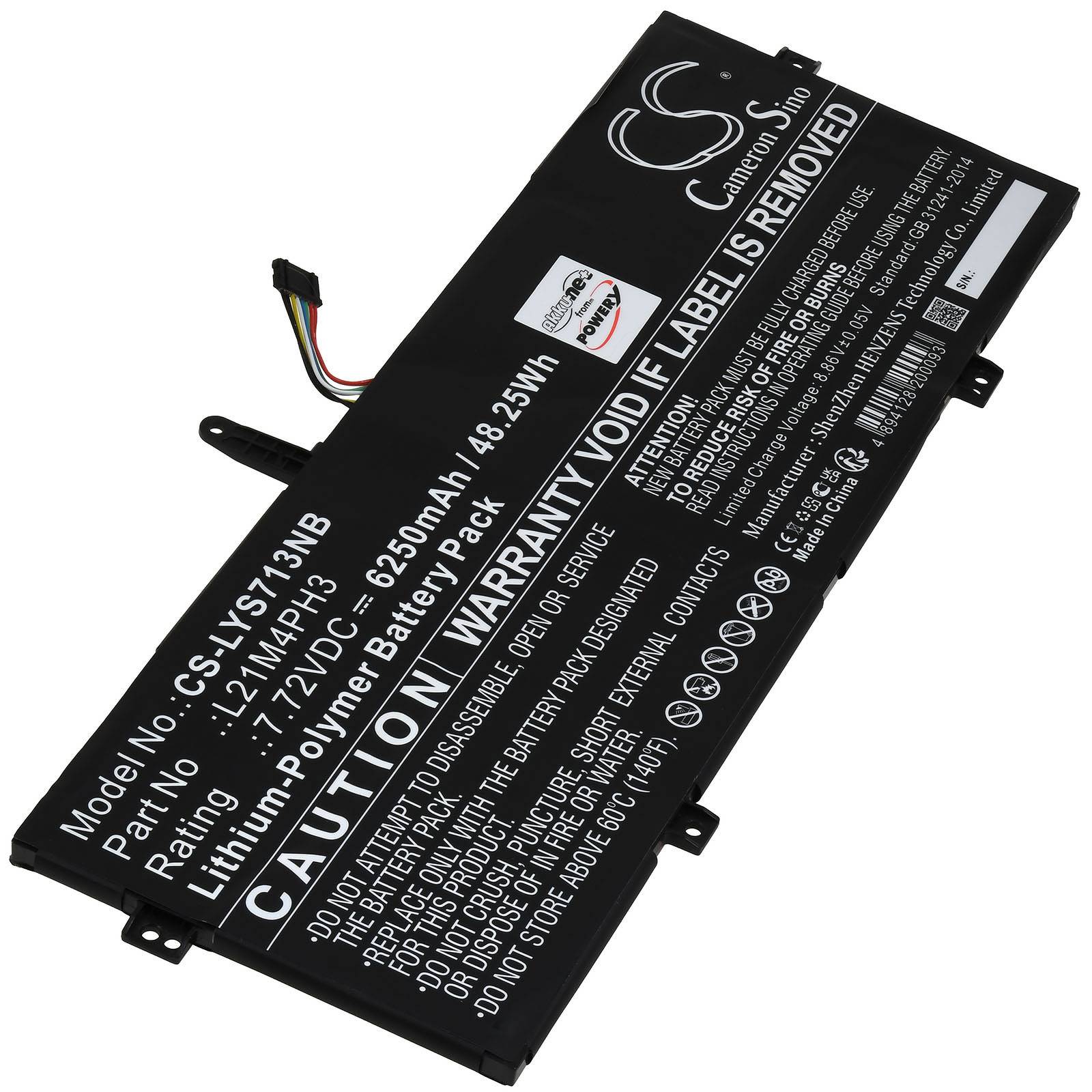 Schwarzes Lithium-Polymer-Laptop-Akkupack mit sichtbaren Warnaufklebern und Verbindungskabel.