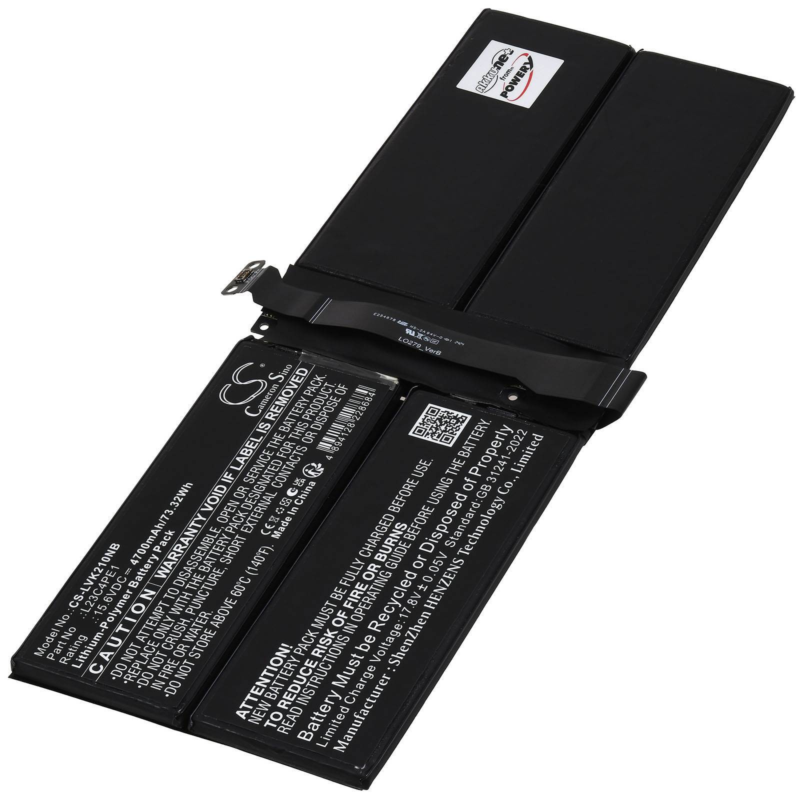 Zwei schwarze Lithium-Ionen-Batterien mit Warnaufklebern und angebrachtem Stecker, auf weißem Hintergrund abgebildet.