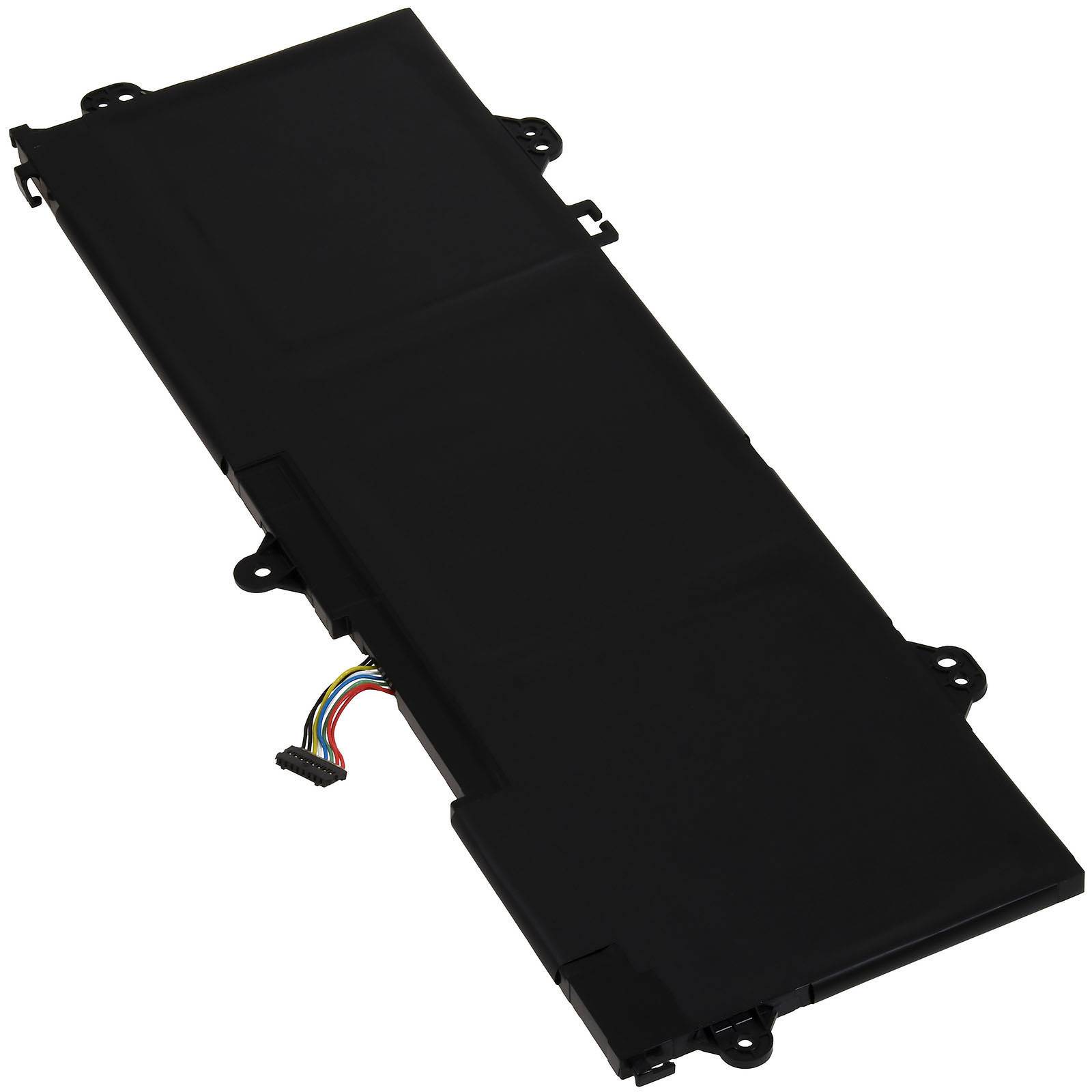 Schwarzes Laptop-Akku-Pack mit Stecker und Befestigungslaschen auf weißem Hintergrund.
