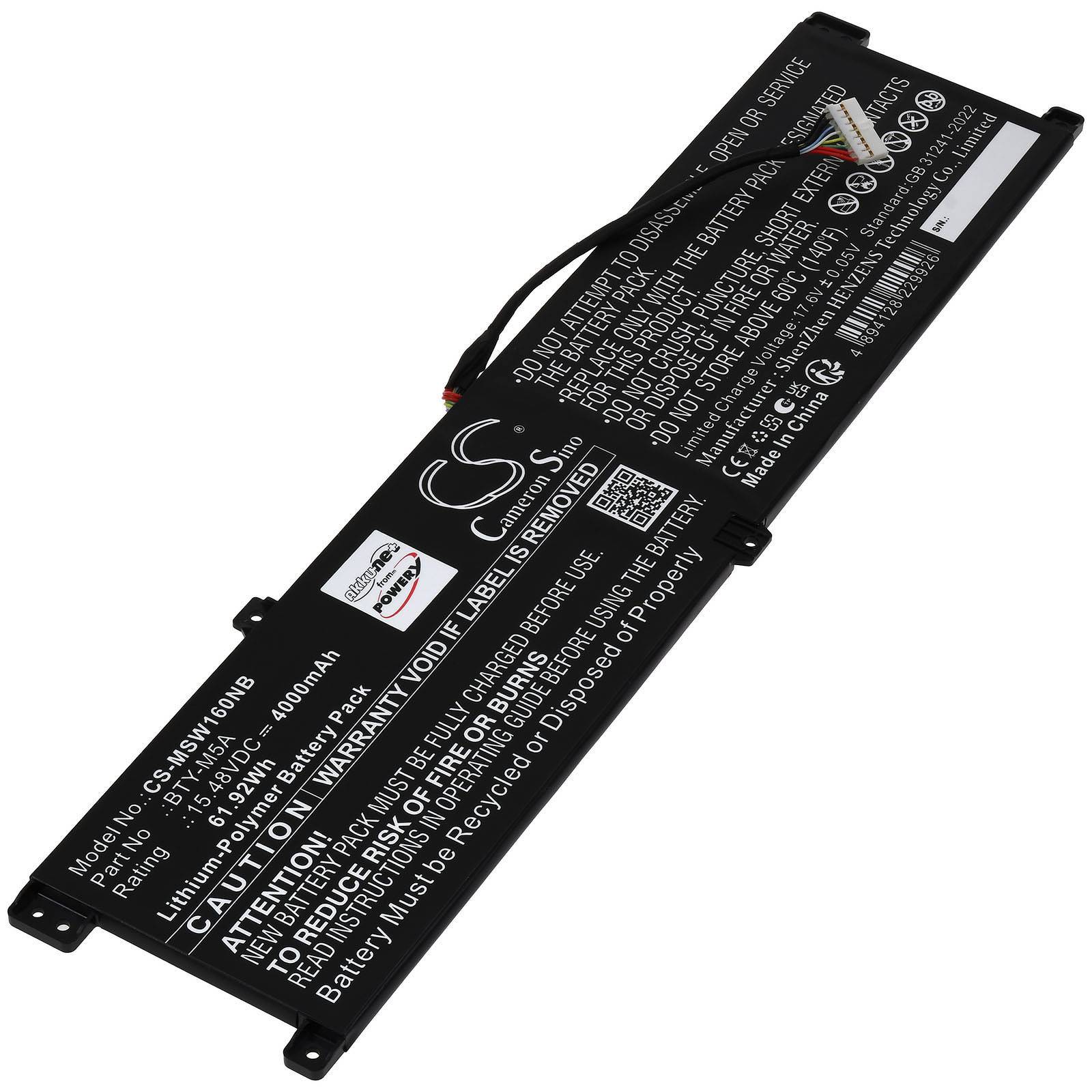 Schwarzes Lithium-Ionen-Laptop-Akku-Pack mit Warnbezeichnungen und auf ihm gedruckten Modellinformationen.