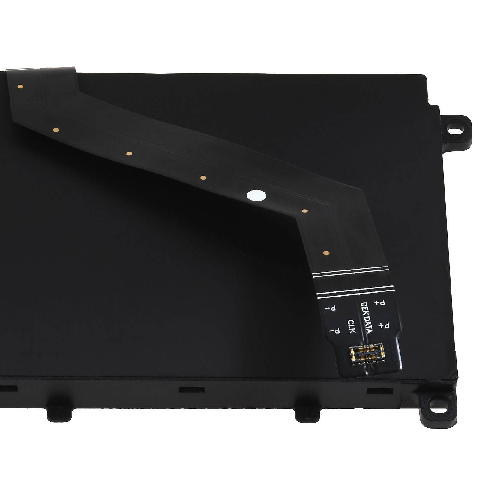 Schwarzes elektronisches Anzeigemodule mit flexiblem Flachbandkabel und Befestigungslaschen, gezeigt vor weißem Hintergrund.