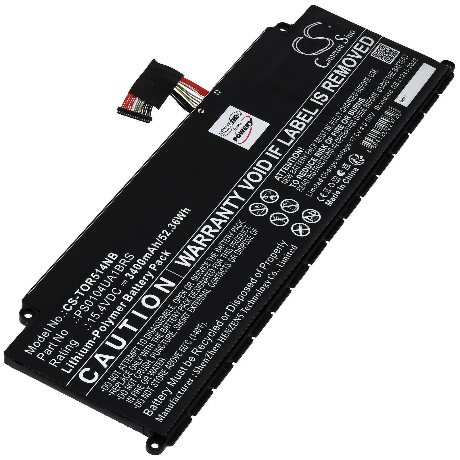 Schwarze Laptop-Ersatzbatterie mit angekoppeltem Verbindungskabel und aufgedrucktem Warnschild, dargestellt auf weißem Hintergrund.