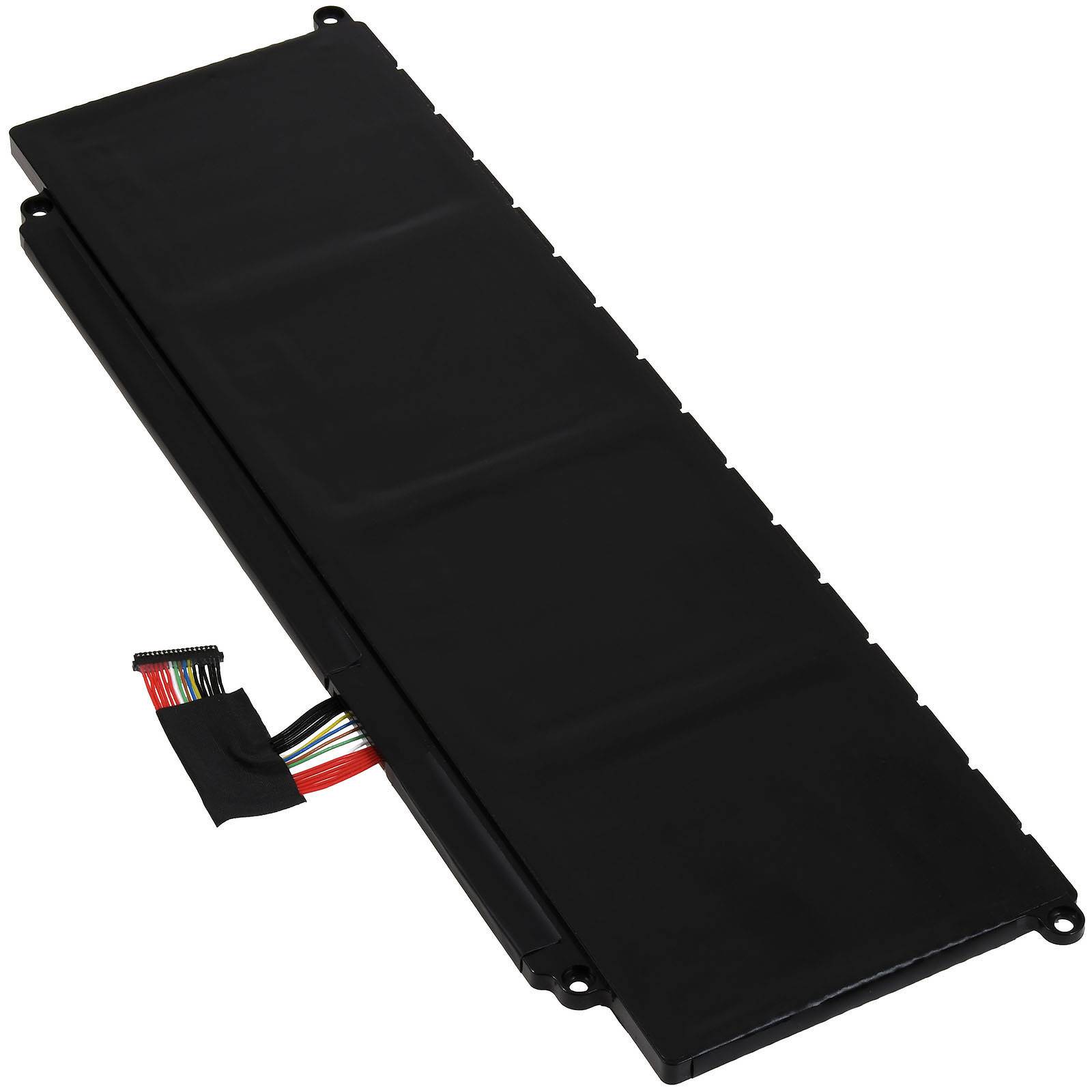 Schwarzes rechteckiges Batteriepaket mit angebrachtem mehrfarbigem Kabelbaum auf weißem Hintergrund.