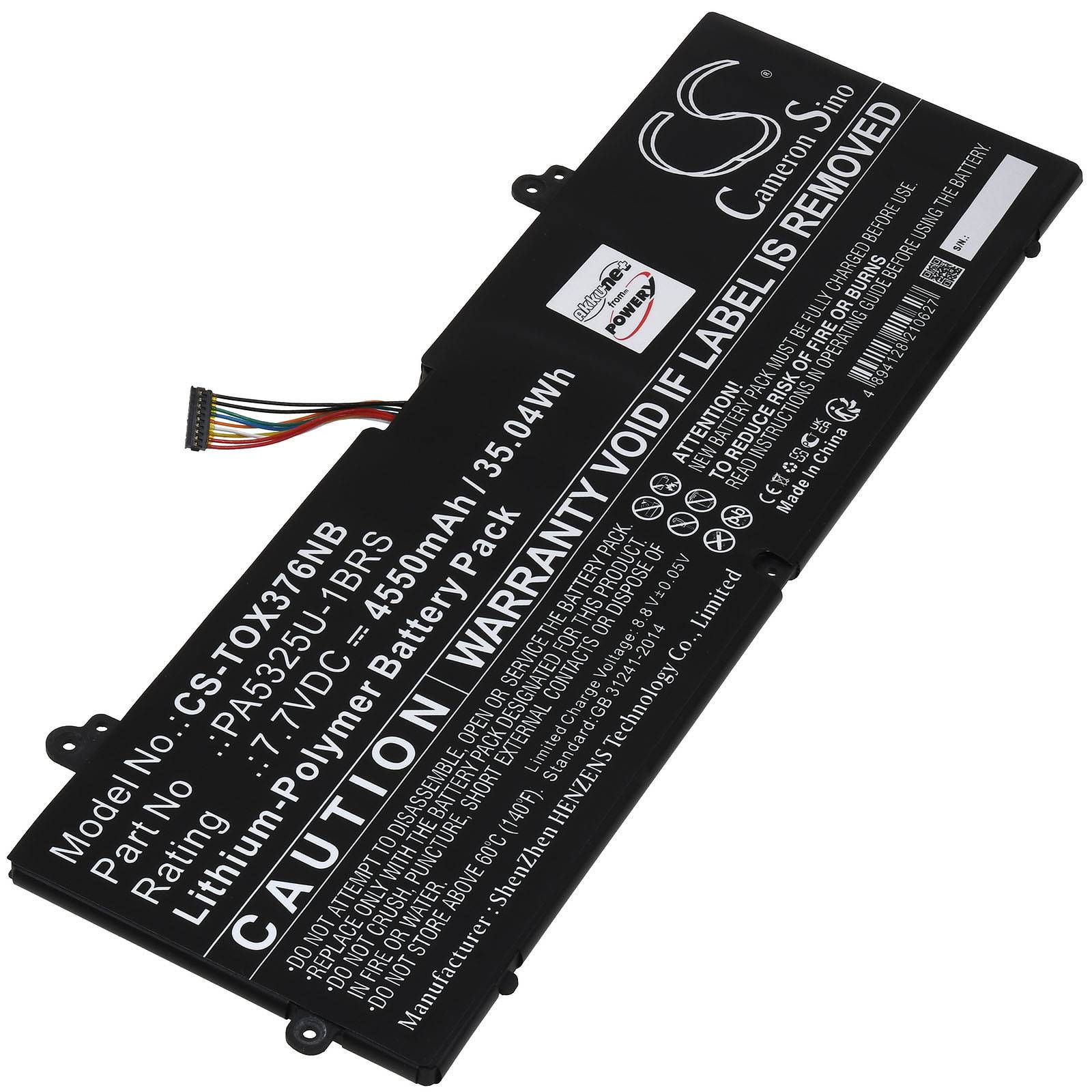 Schwarzes Lithium-Ionen-Laptop-Akkupack mit mehrfarbigem Stecker, gekennzeichnet mit „WARNUNG UNGÜLTIG BEI ENTFERNUNG DES AUFKLEBERS