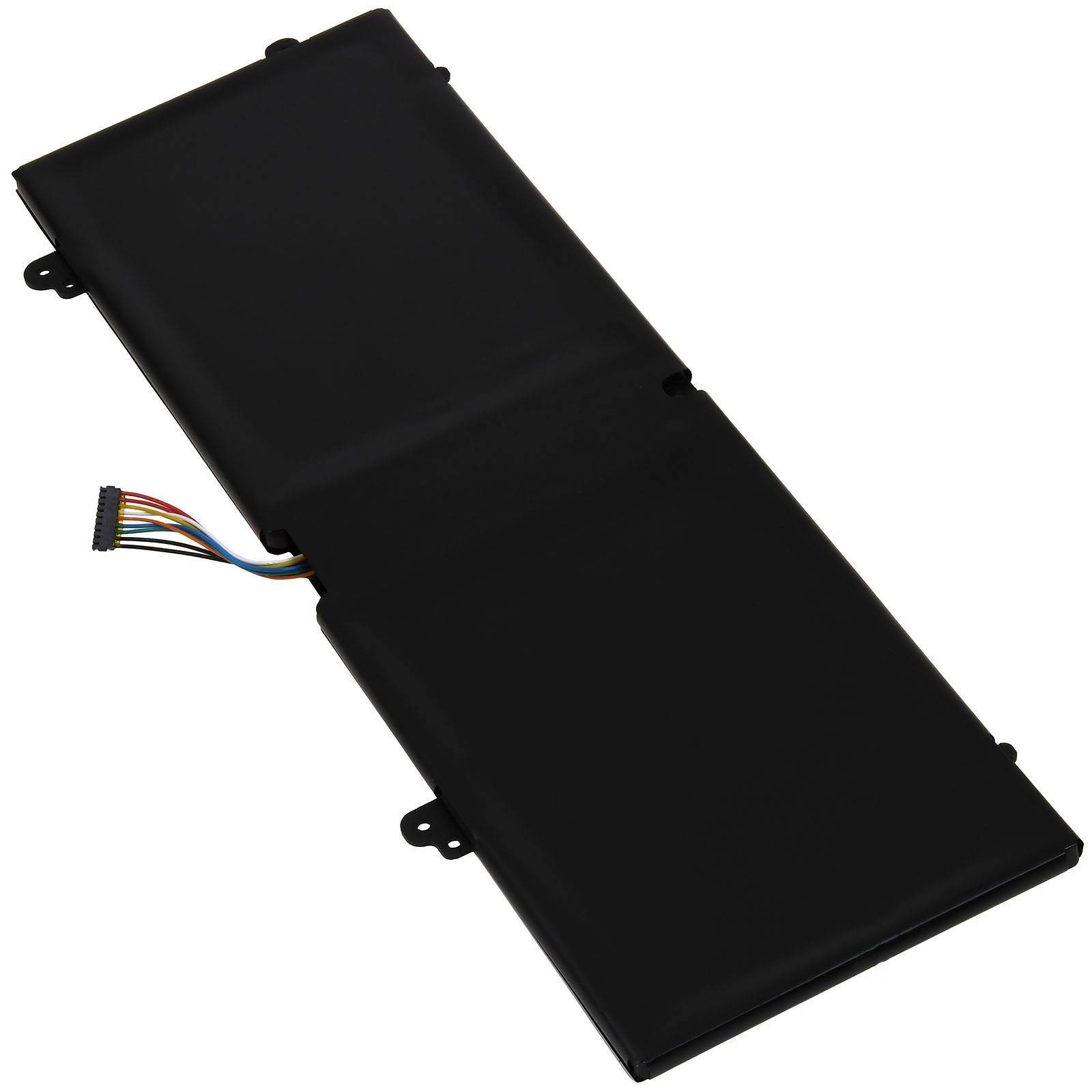 Schwarzes rechteckiges Batterieepack mit angeschlossenem mehrfarbigem Steckverbinder auf weißem Hintergrund.
