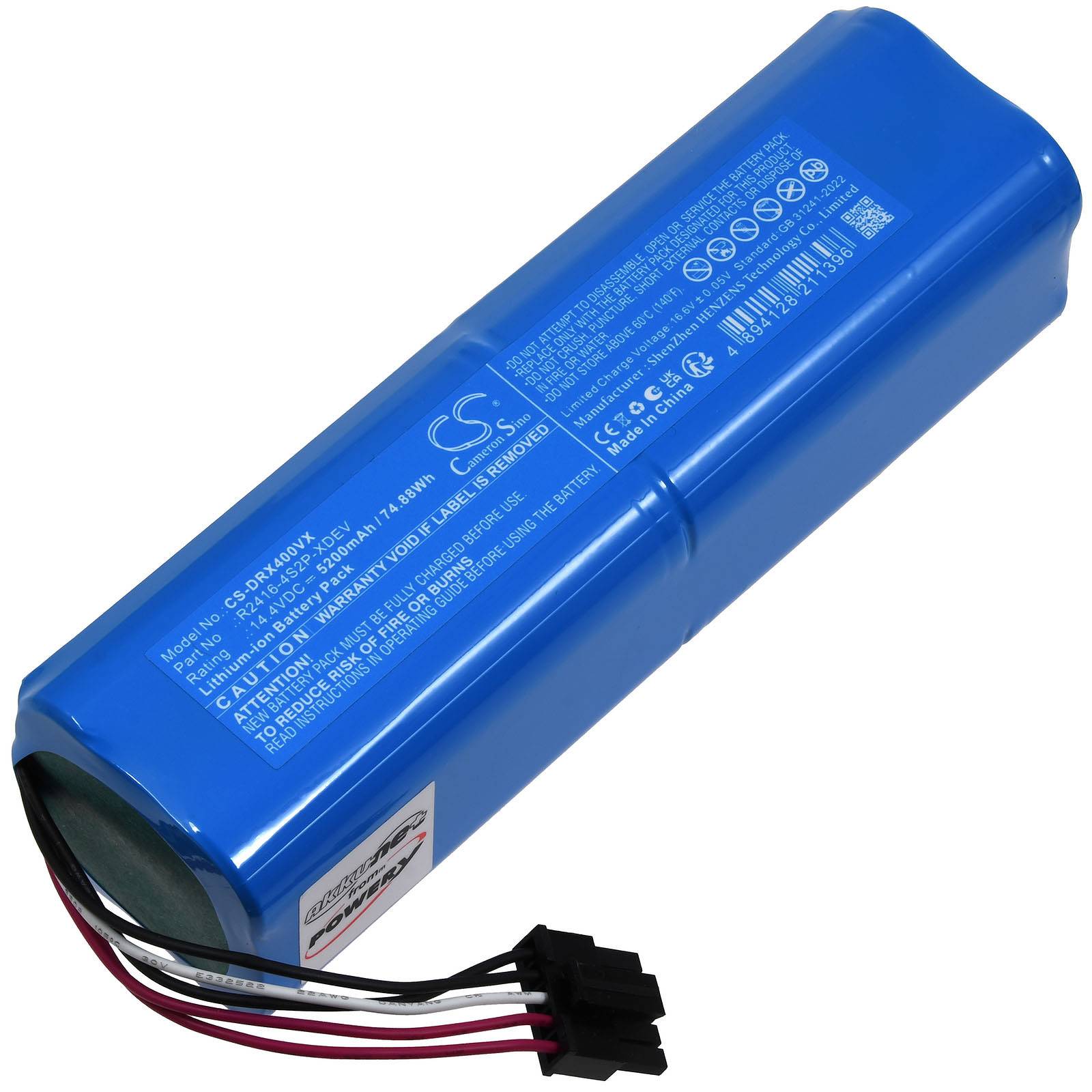 Blauer wiederaufladbarer Batteriepack mit angebrachtem Steckverbinder, dargestellt auf weißem Hintergrund.