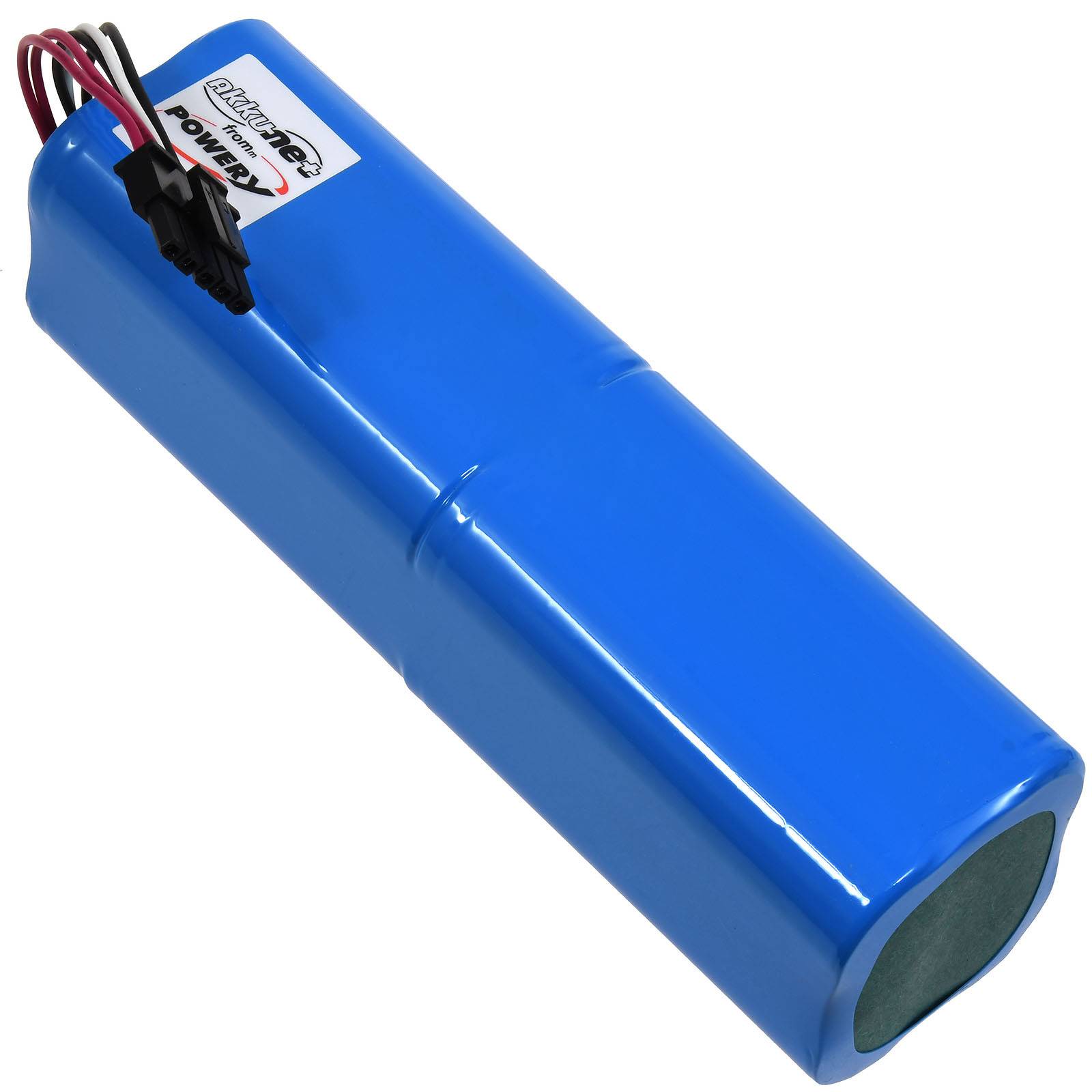 Blaues aufladbares Batteriepaket mit angebrachten roten und schwarzen Drähten und Stecker.