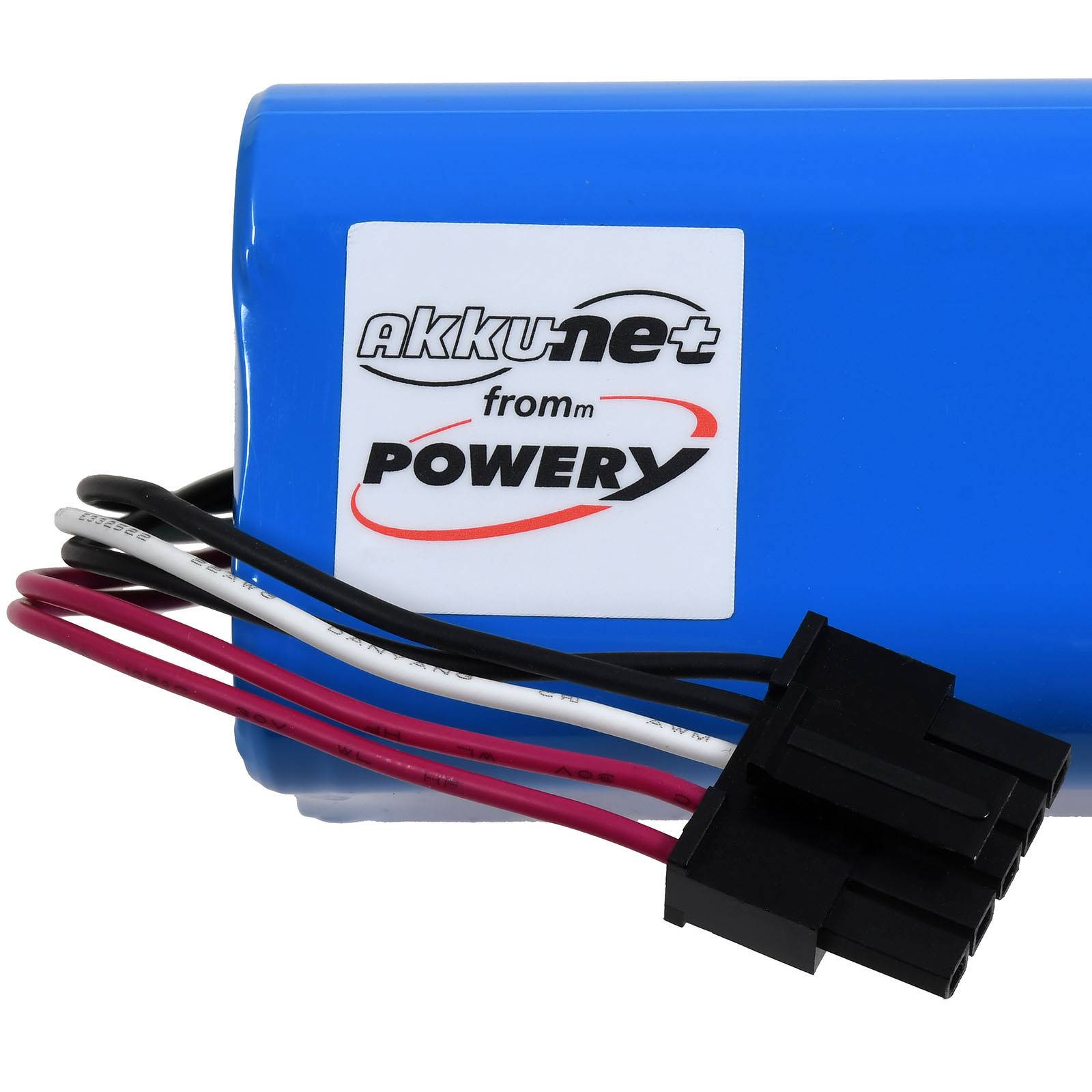 Blaues wiederaufladbares Batteriepaket mit angebrachten roten, schwarzen und weißen Drähten und einem schwarzen Anschluss, beschriftet mit 'AkkuNet von Powery'.