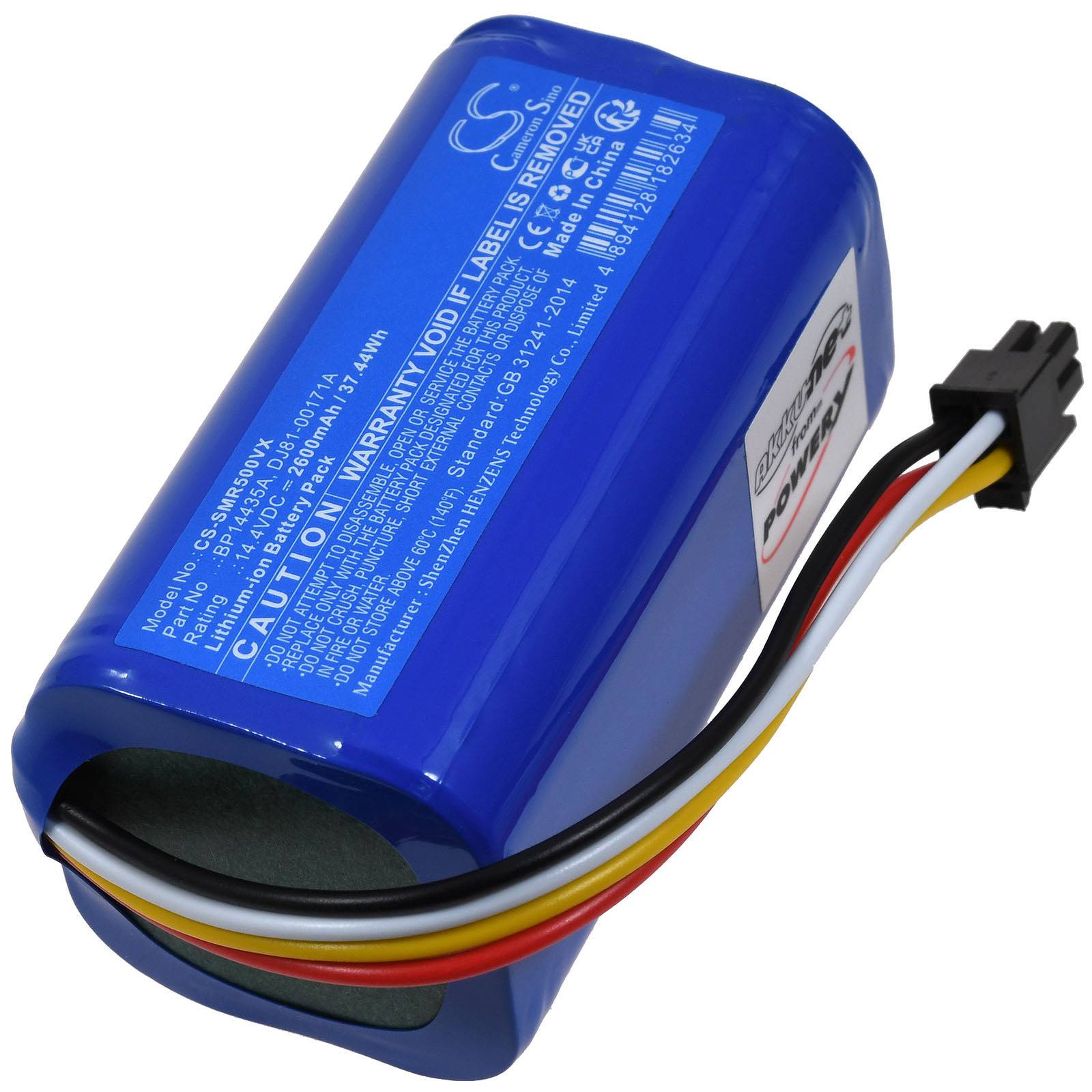 Blaues wiederaufladbares Batteriepaket mit angebrachtem schwarzem Stecker und roten, gelben, schwarzen und weißen Drähten.