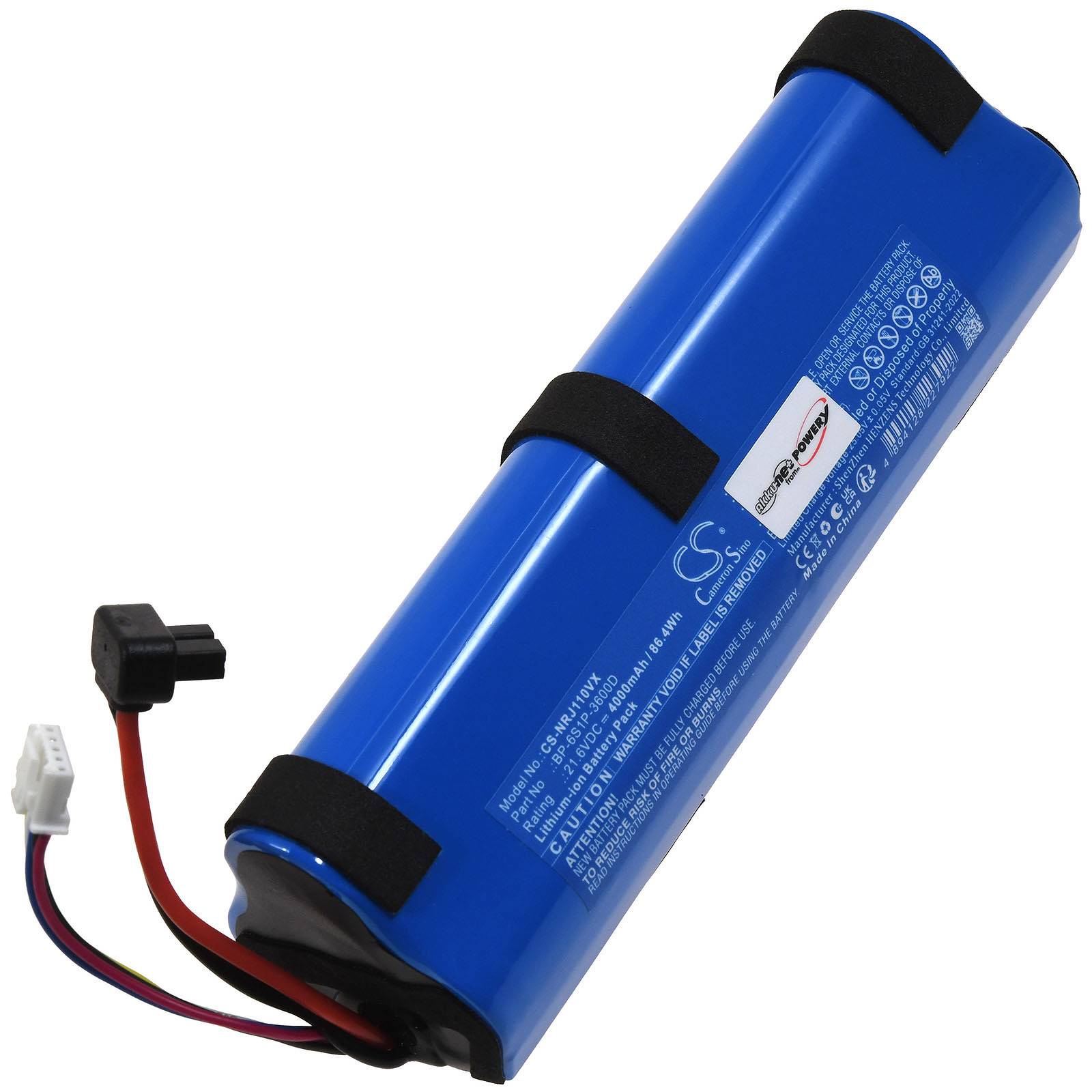 Blauer zylindrischer wiederaufladbarer Batterieblock mit angebrachten roten, schwarzen und weißen Anschlussdrähten auf weißem Hintergrund.