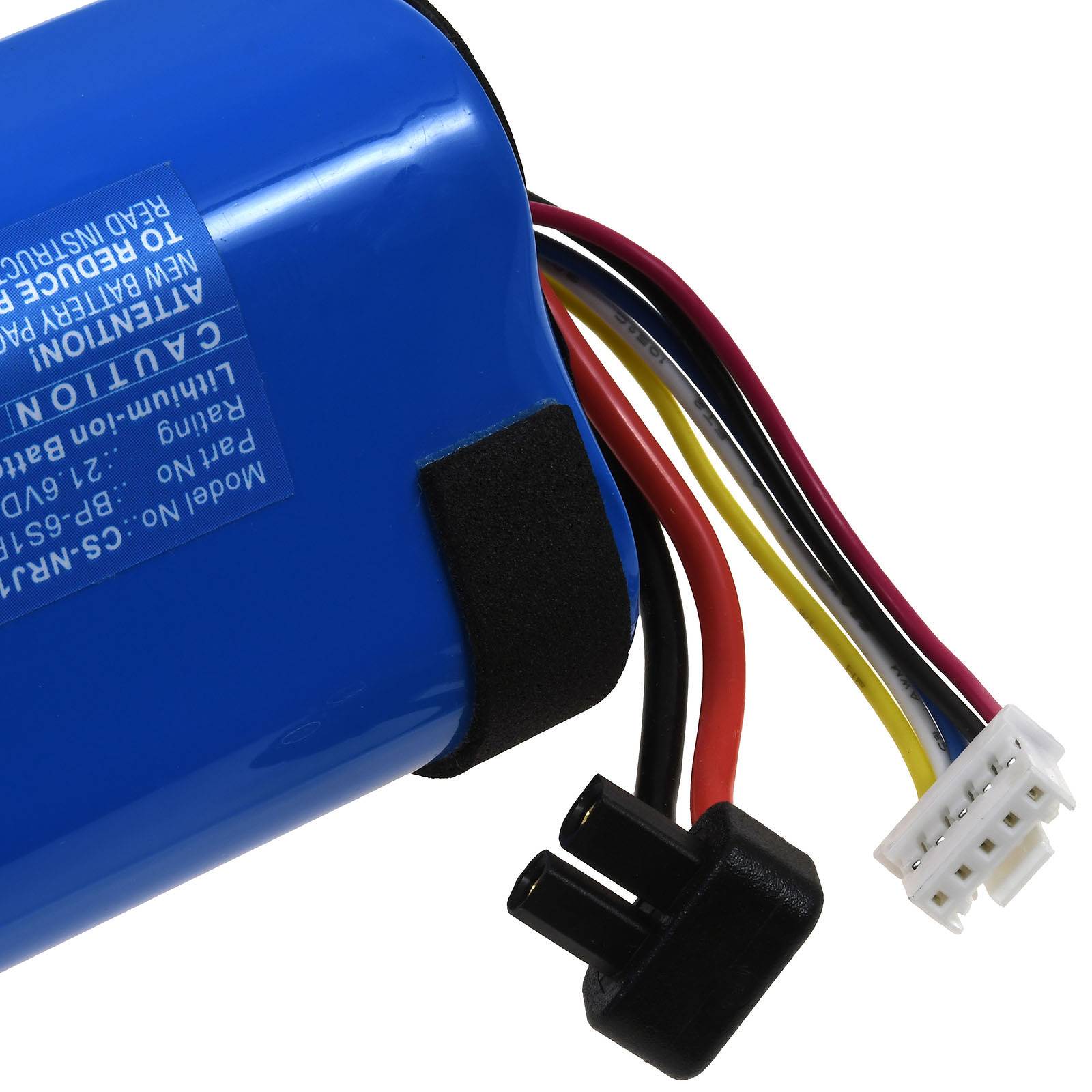 Blaues wiederaufladbares Batteriepack mit mehreren farbigen Drähten, die in einen weißen Stecker und einen schwarzen Stecker münden.