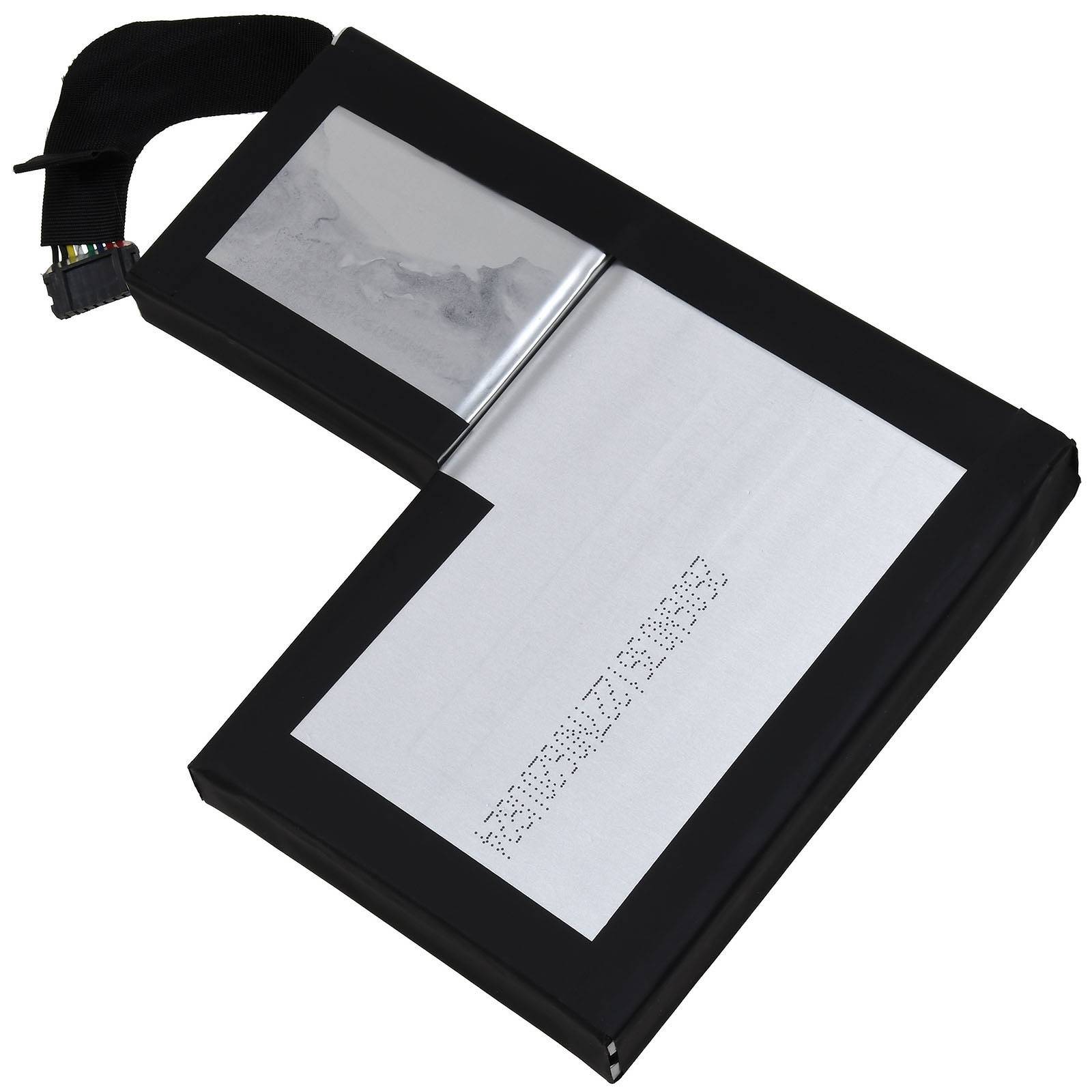 Tragbares schwarzes elektronisches Gerät mit zwei verbundenen Bildschirmen, auf dem einen eine schwache Graustufenabbildung und auf dem anderen Braille-Text angezeigt wird.