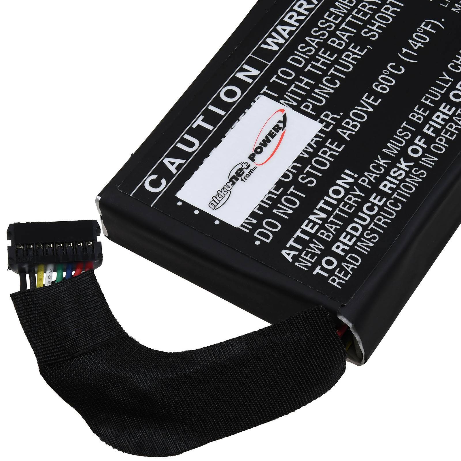 Schwarzer wiederaufladbarer Batteriepack mit Warnschild und angeschlossenem Verbindungskabel.