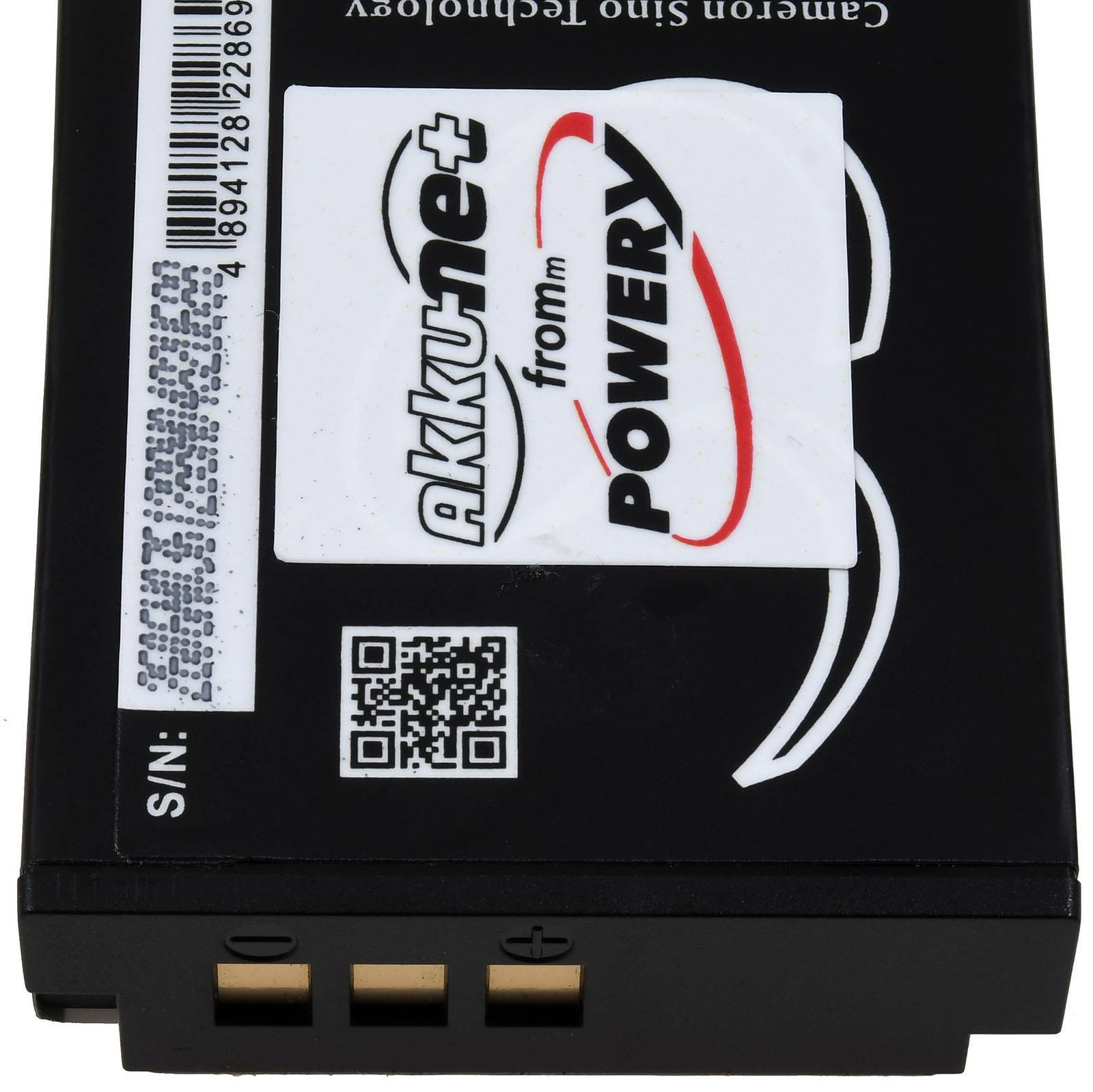 Schwarzes Akkupower-Batteriepak mit Barcode- und QR-Code-Etiketten, von oben gezeigt mit zwei sichtbaren Anschlüssen.