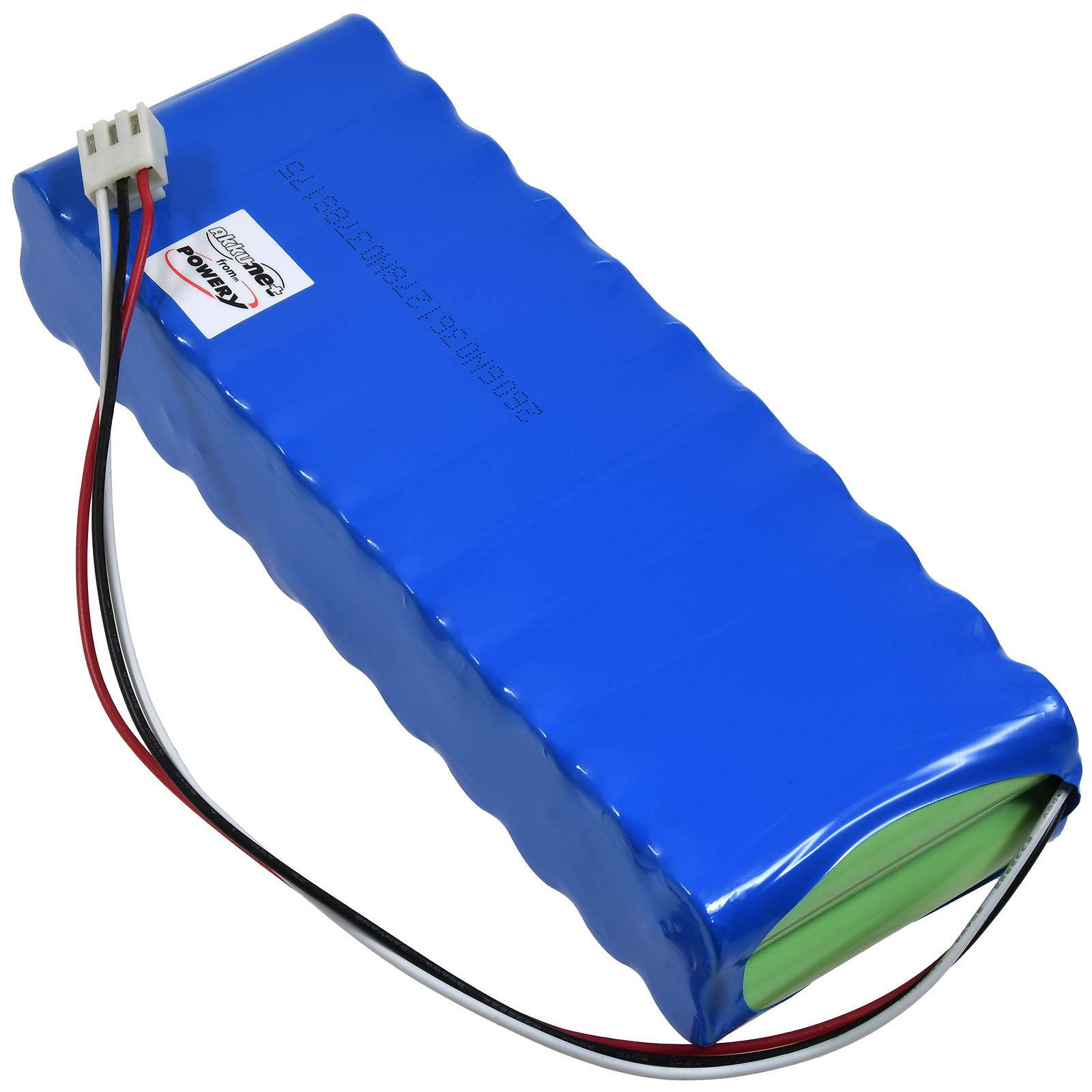 Blaues wiederaufladbares Batteriepaket mit angebrachten roten, schwarzen und weißen Drähten und Stecker auf weißem Hintergrund.