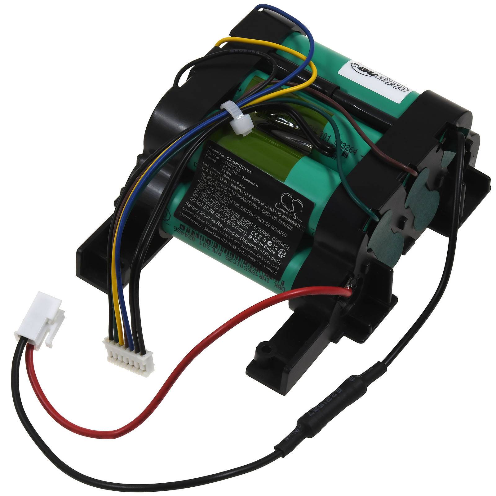 Grünes zylindrisches Batteriepaket mit angebrachter schwarzer Montageklammer und farbigen Drähten/Steckverbindern auf weißem Hintergrund.