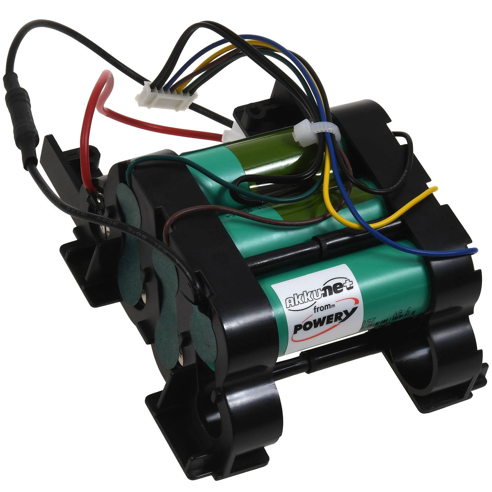 Ein wiederaufladbares Batteriepaket mit vier grünen Zellen in einem schwarzen Halter, verbunden durch rote, gelbe, blaue und schwarze Drähte.
