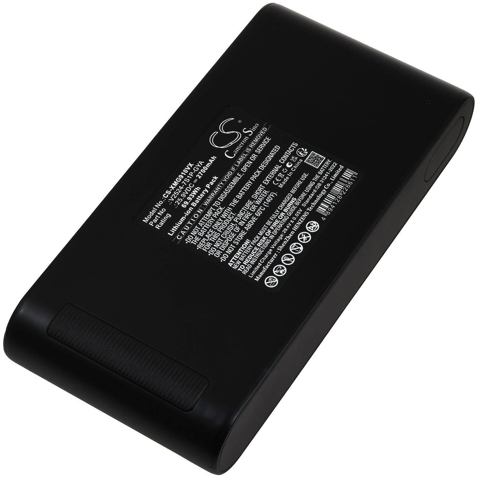 Schwarzes tragbares externes Akku-Pack mit aufgedruckten Spezifikationen und einem USB-Anschluss an der Seite.