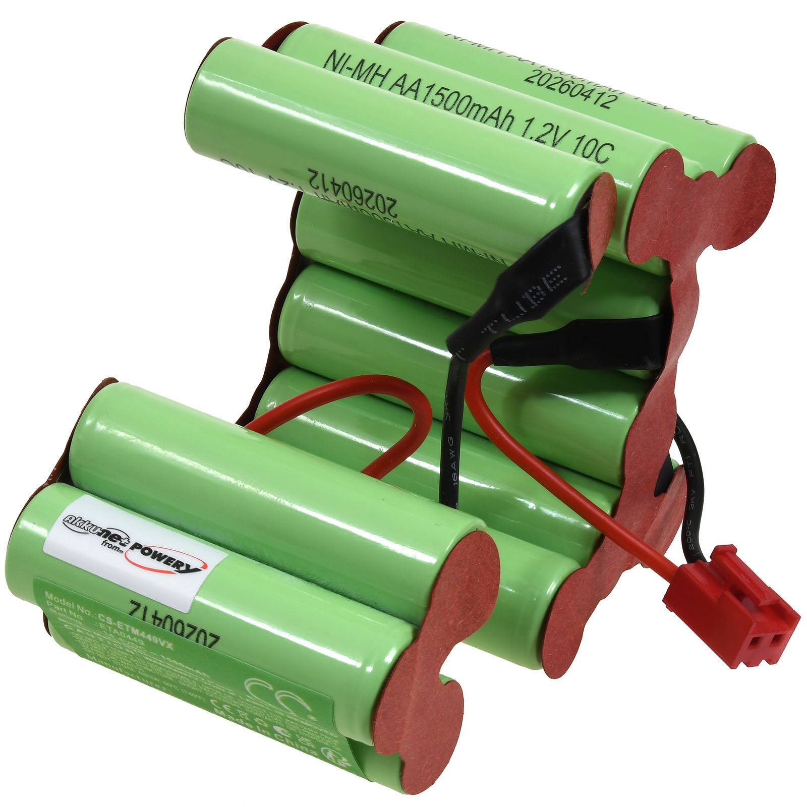 Grünes Ni-MH-Batteriepack mit mehreren zylindrischen Zellen, die durch rote und schwarze Drähte verbunden sind, und einem roten Steckverbinder.
