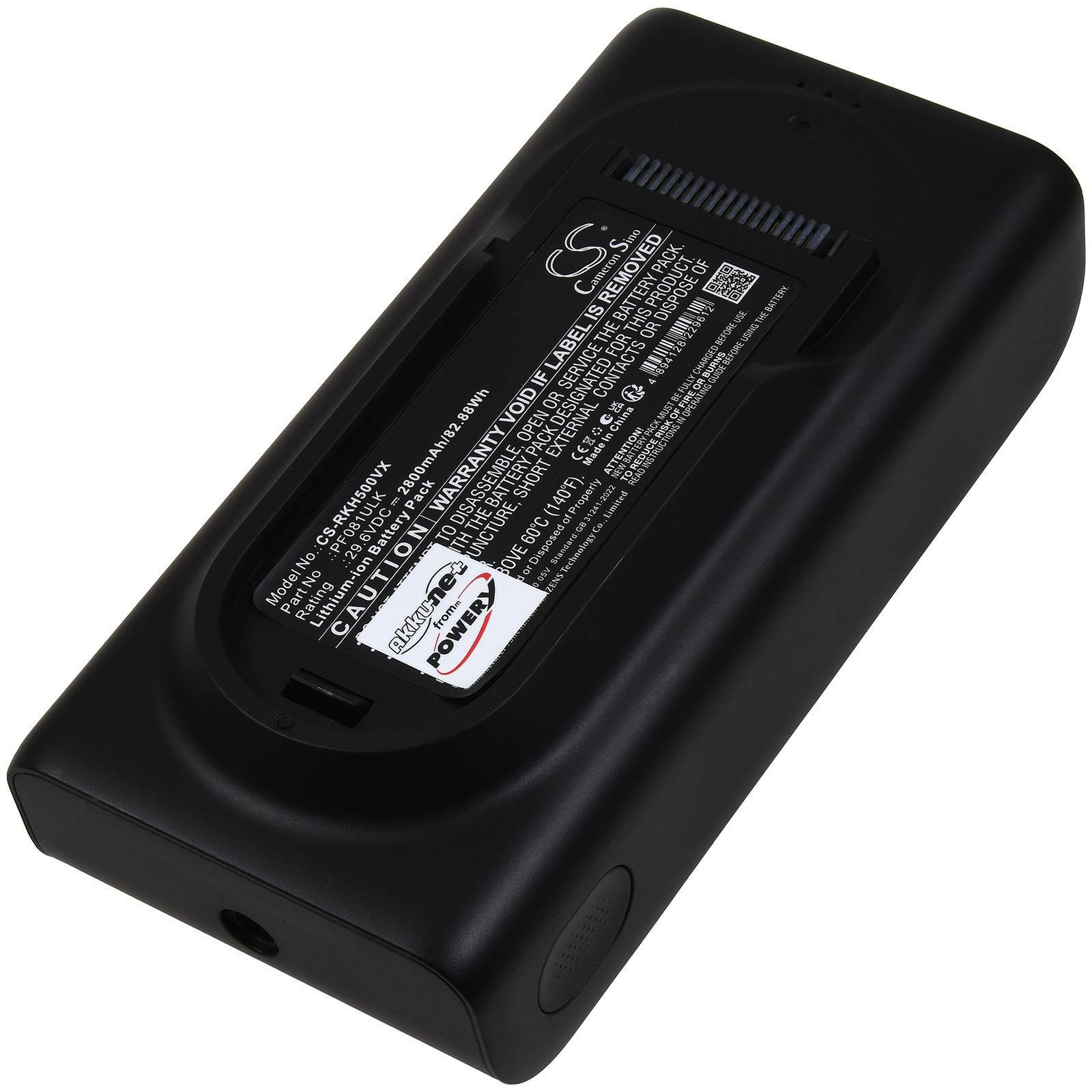Schwarze wiederaufladbare Lithium-Ionen-Batterie mit Produktetikett und Warntext auf weißem Hintergrund.