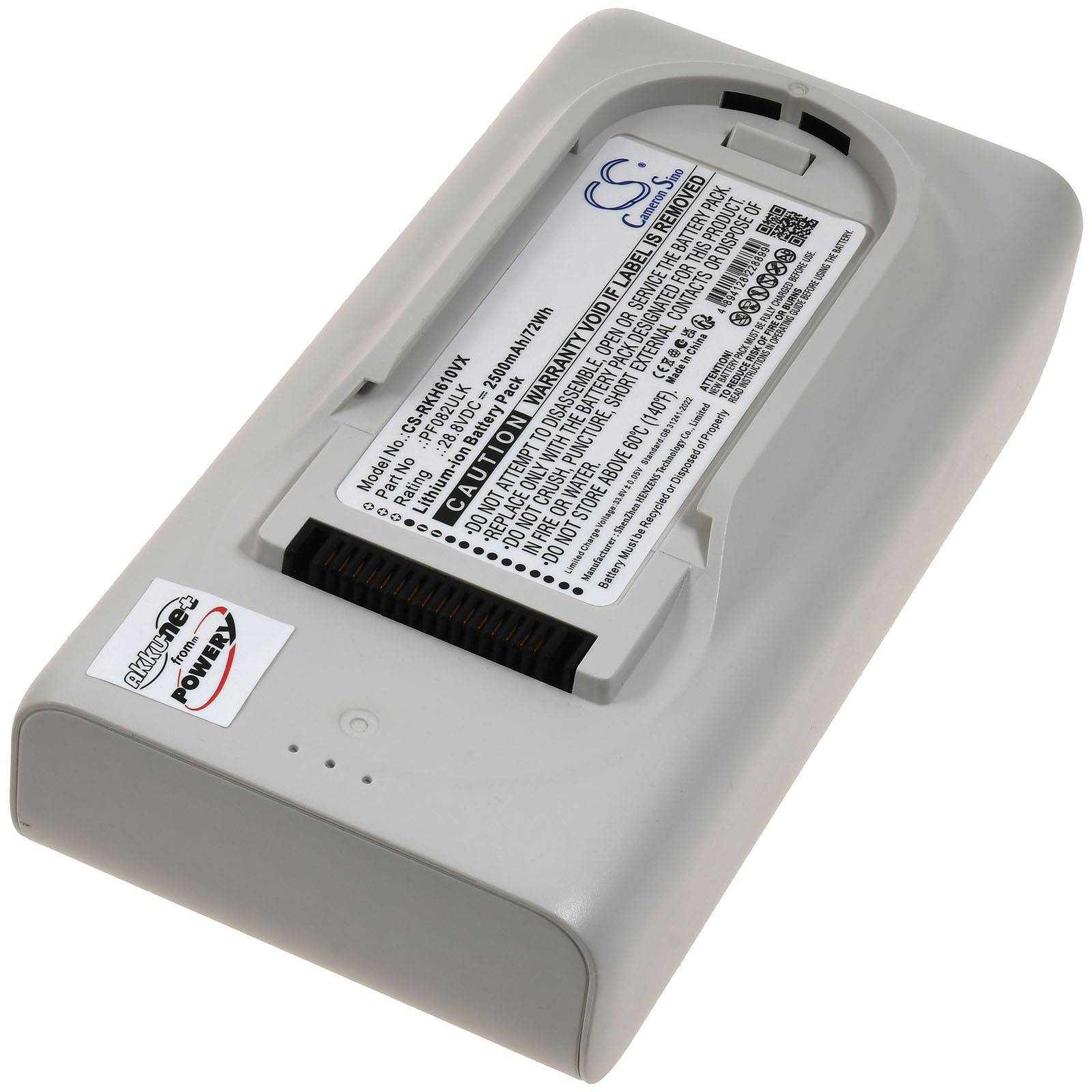 Ein wiederaufladbares Batteriepaket in einem grauen Kunststoffgehäuse, von oben dargestellt, mit einem beschrifteten Oberpaneel und sichtbarem Anschlussschlitz.