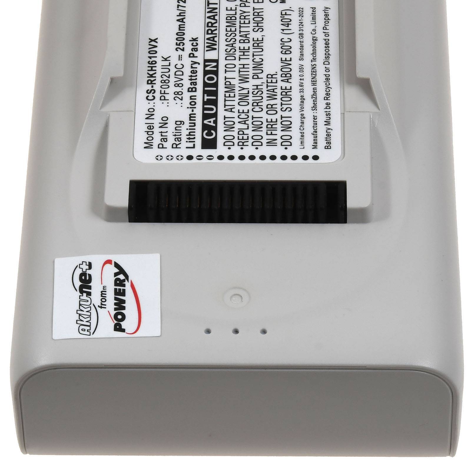Rückseite eines Kamera-Akkupacks mit Etikett, das das Modell CS-RK160VX, 28V DC 2500mAh Lithium-Ionen-Akku und Vorsichtsanweisungen zeigt.
