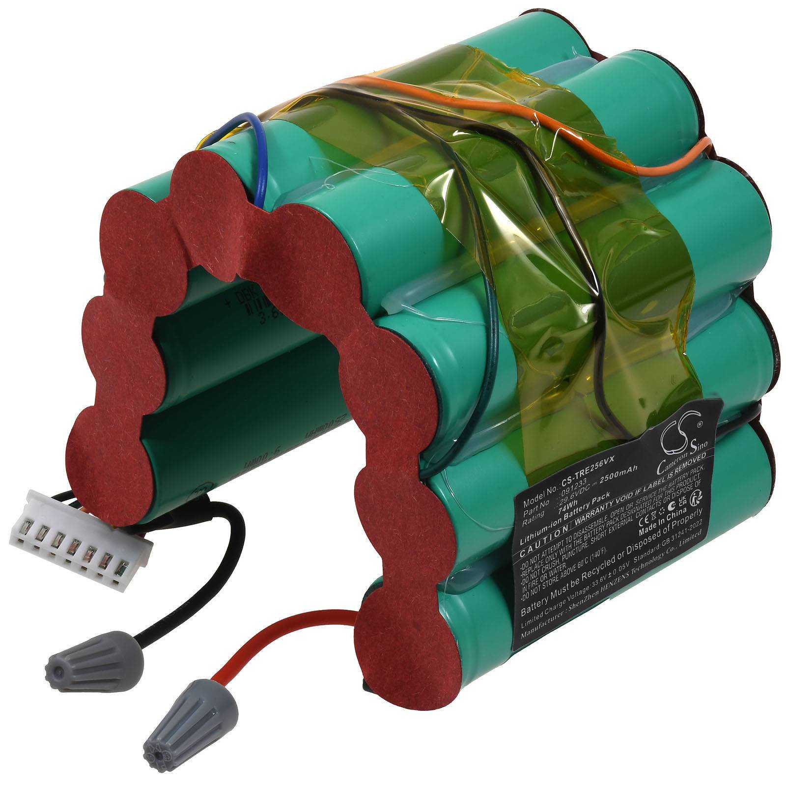 Zylindrisches wiederaufladbares Batteriepaket aus grünen Zellen, mit Klebeband umwickelt, mit angeschlossenem Stecker und roten/schwarzen Drähten.