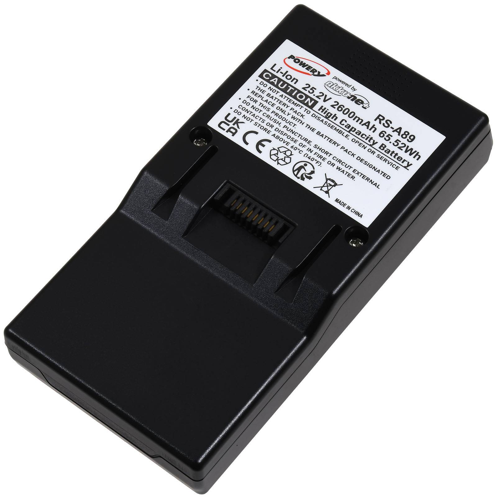 Schwarzes Lithium-Ionen-Kamerabatterie-Ladegerät mit Etikett für 7,2V/2600mAh-Batterien, auf weißem Hintergrund gezeigt.