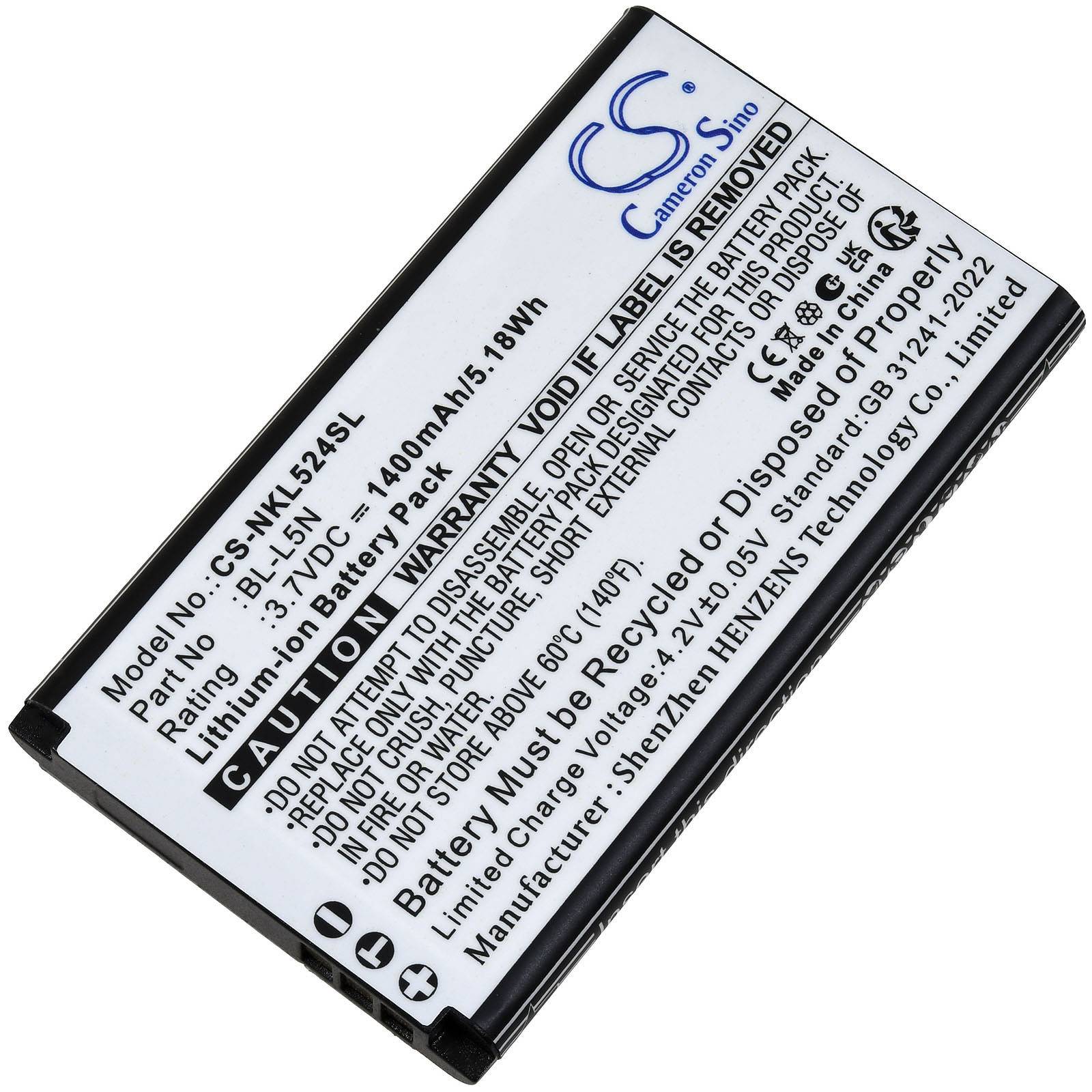 Lithium-Ionen-Akkupack mit Warnschild, zeigt Modell CS-NK524SL, 3,7V, 1400mAh, 5,18Wh.