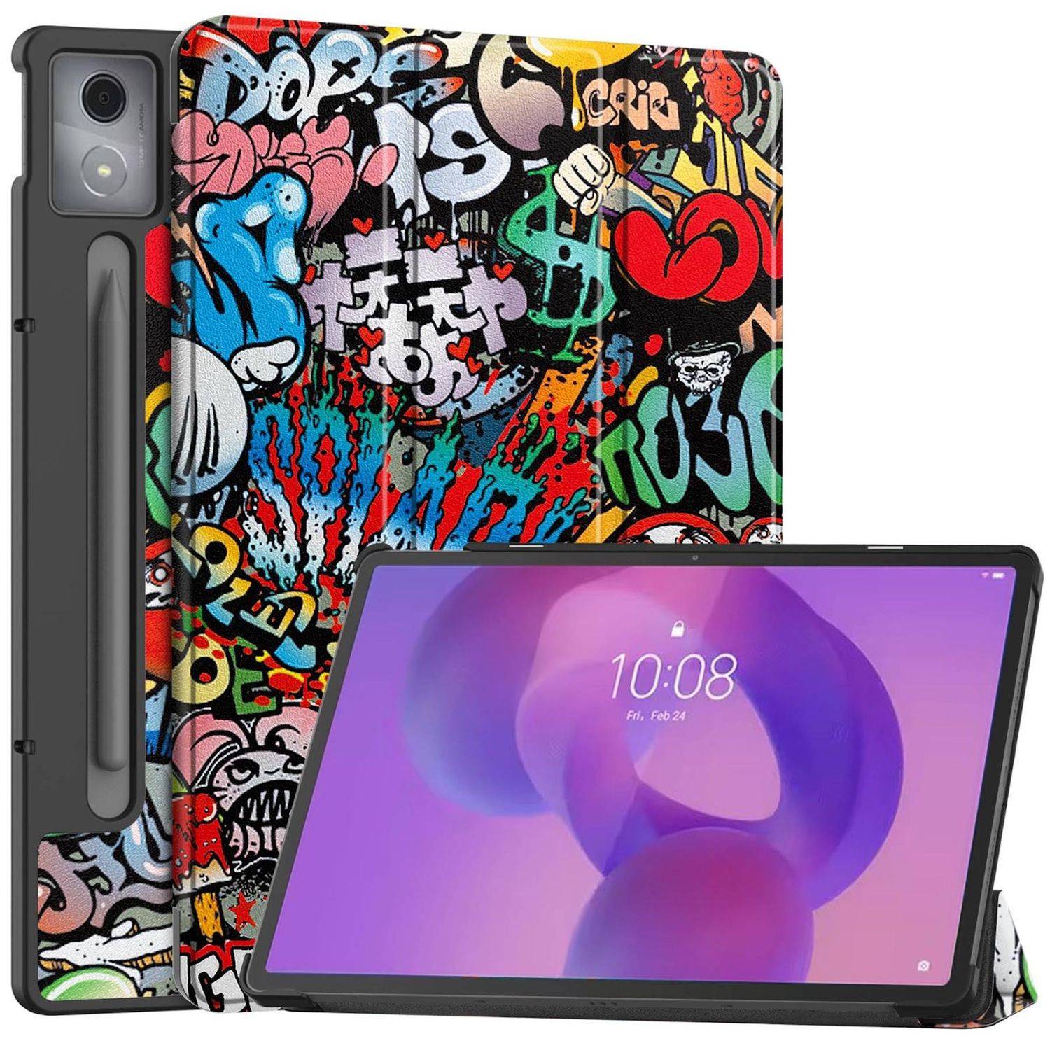 Tablet mit Graffiti-Stil-Schutzhülle und integriertem Stift, dargestellt mit einem Bildschirm, der 10:08 auf einem lila Hintergrund anzeigt.